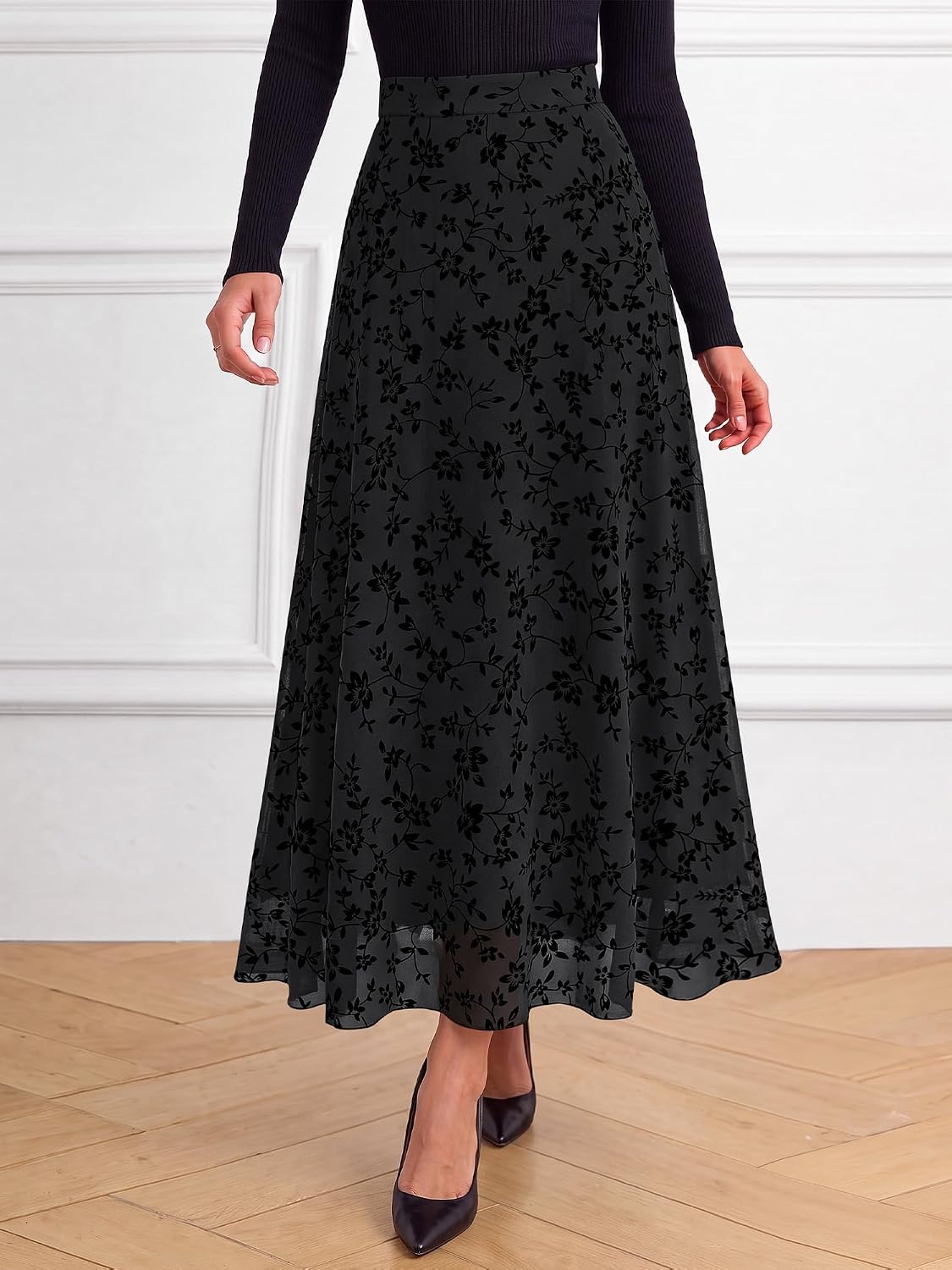 image:imageBTFBM Womens Floral Mesh Maxi Skirts Long Tulle Skirt Flowy A Line High Waist SkirtsVelvetLike FlowersFlocked MeshDoubleLayered SkirtGoing Out OutfitsEarly Fall FashionBlack