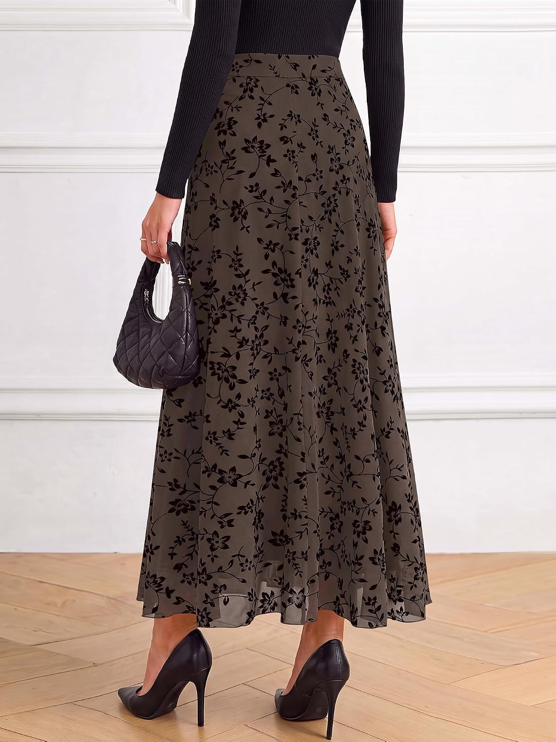 image:imageBTFBM Womens Floral Mesh Maxi Skirts Long Tulle Skirt Flowy A Line High Waist SkirtsVelvetLike FlowersFlocked MeshDoubleLayered SkirtGoing Out OutfitsEarly Fall FashionBrown