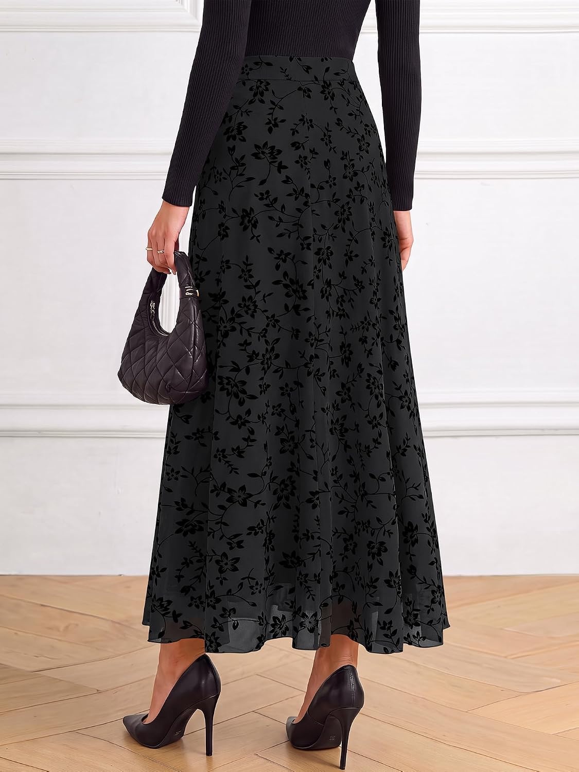 image:imageBTFBM Womens Floral Mesh Maxi Skirts Long Tulle Skirt Flowy A Line High Waist SkirtsVelvetLike FlowersFlocked MeshDoubleLayered SkirtGoing Out OutfitsEarly Fall FashionBlack