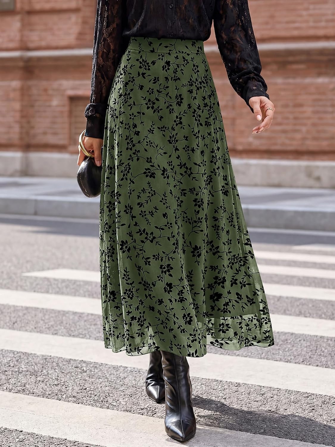 image:imageBTFBM Womens Floral Mesh Maxi Skirts Long Tulle Skirt Flowy A Line High Waist SkirtsVelvetLike FlowersFlocked MeshDoubleLayered SkirtGoing Out OutfitsEarly Fall FashionArmy Green
