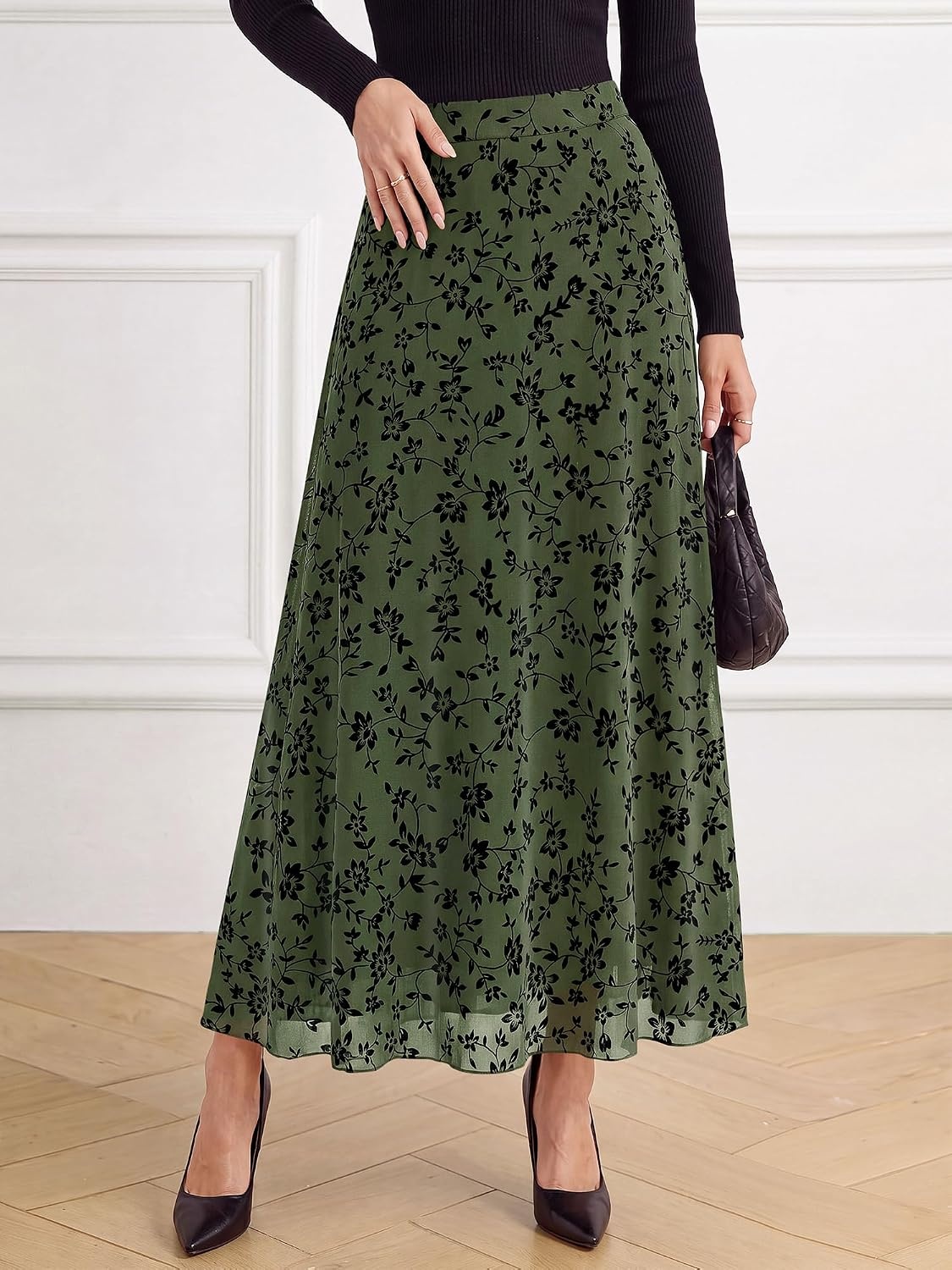 image:imageBTFBM Womens Floral Mesh Maxi Skirts Long Tulle Skirt Flowy A Line High Waist SkirtsVelvetLike FlowersFlocked MeshDoubleLayered SkirtGoing Out OutfitsEarly Fall FashionArmy Green