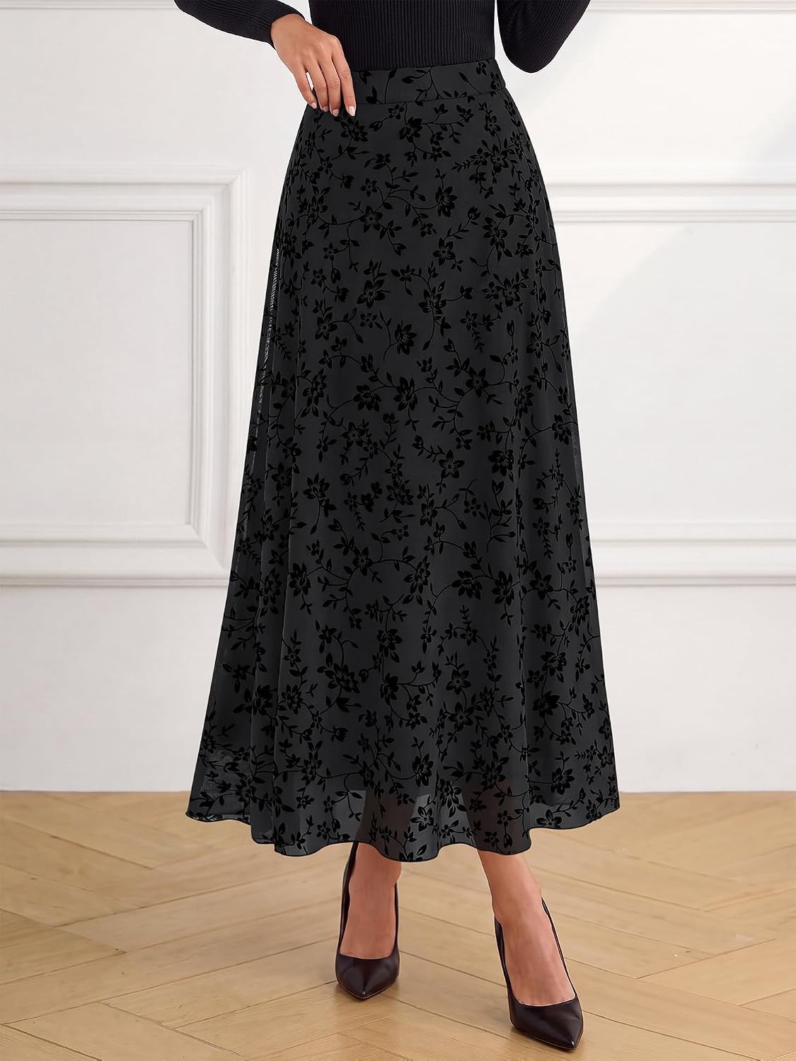 image:imageBTFBM Womens Floral Mesh Maxi Skirts Long Tulle Skirt Flowy A Line High Waist SkirtsVelvetLike FlowersFlocked MeshDoubleLayered SkirtGoing Out OutfitsEarly Fall FashionBlack