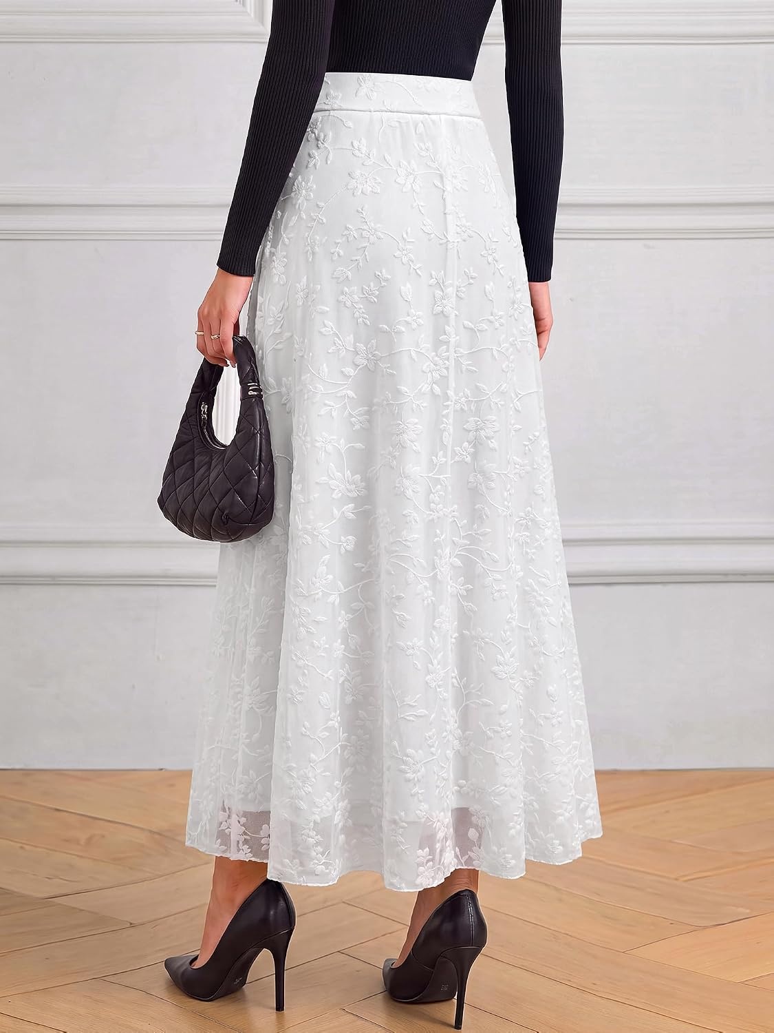 image:imageBTFBM Womens Floral Mesh Maxi Skirts Long Tulle Skirt Flowy A Line High Waist SkirtsVelvetLike FlowersFlocked MeshDoubleLayered SkirtGoing Out OutfitsEarly Fall FashionWhite
