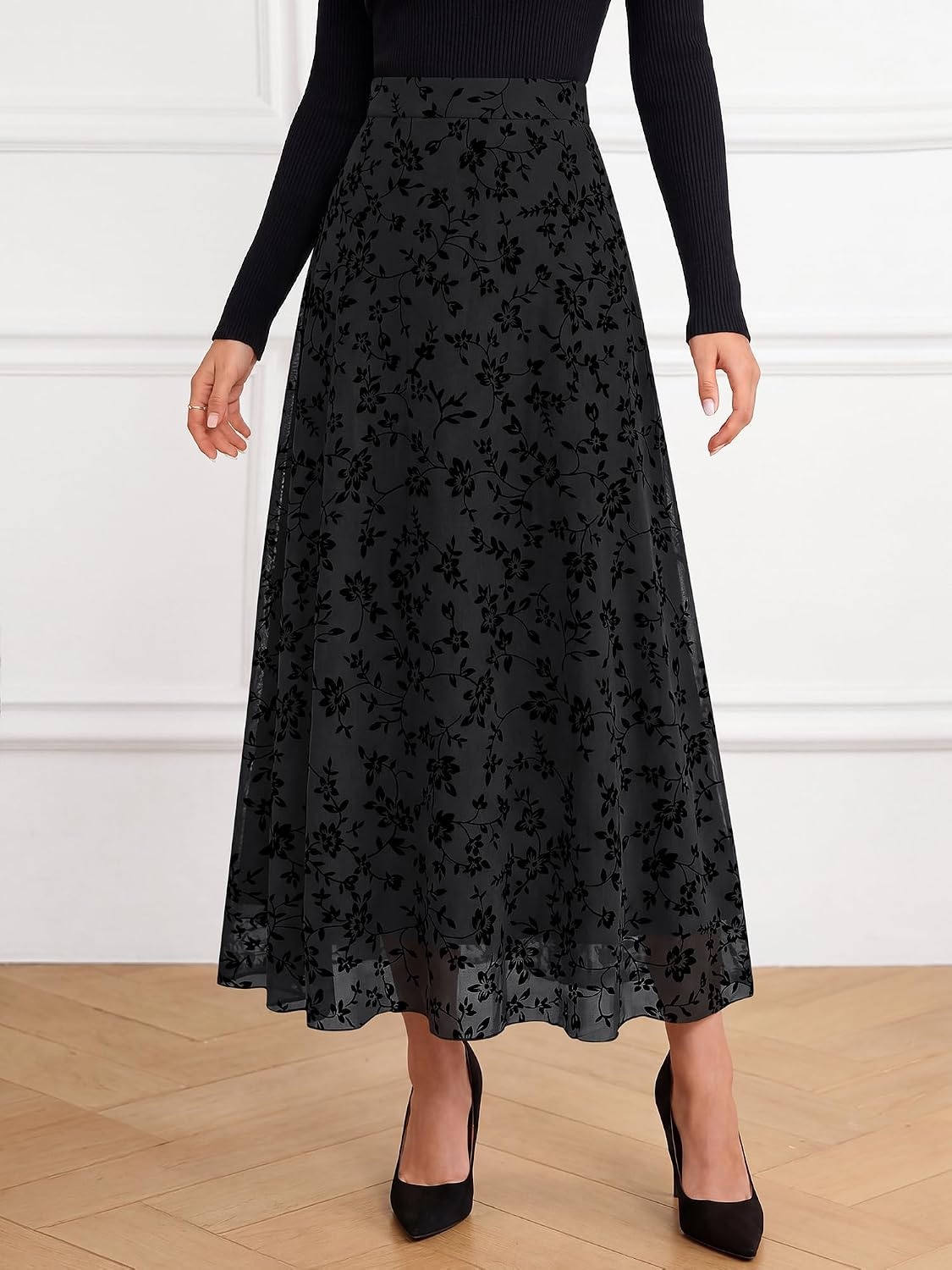 image:imageBTFBM Womens Floral Mesh Maxi Skirts Long Tulle Skirt Flowy A Line High Waist SkirtsVelvetLike FlowersFlocked MeshDoubleLayered SkirtGoing Out OutfitsEarly Fall FashionBlack