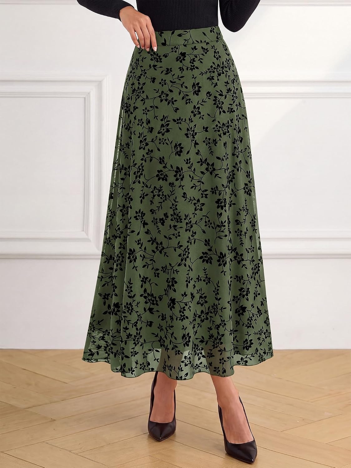 image:imageBTFBM Womens Floral Mesh Maxi Skirts Long Tulle Skirt Flowy A Line High Waist SkirtsVelvetLike FlowersFlocked MeshDoubleLayered SkirtGoing Out OutfitsEarly Fall FashionArmy Green