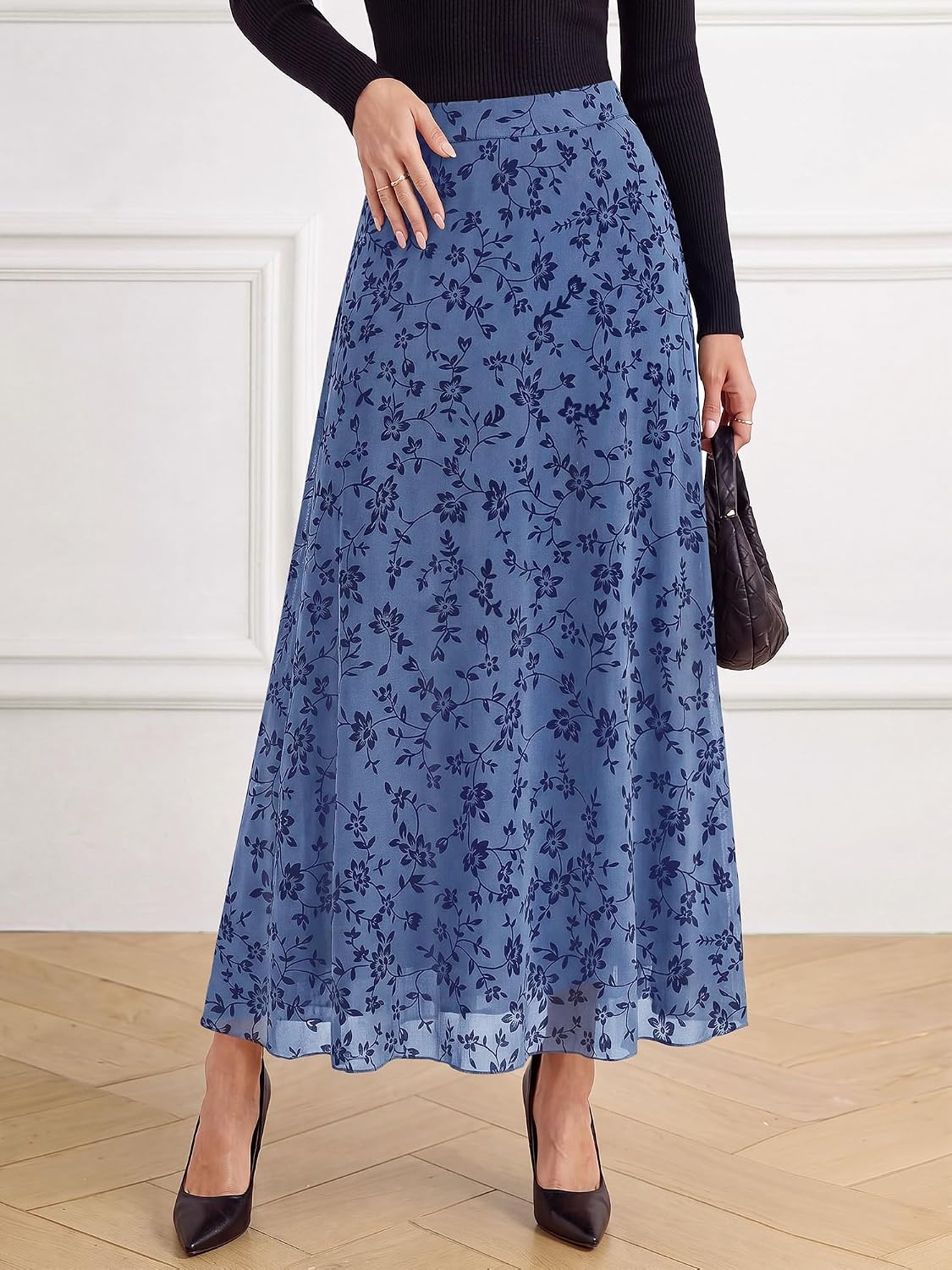 image:imageBTFBM Womens Floral Mesh Maxi Skirts Long Tulle Skirt Flowy A Line High Waist SkirtsVelvetLike FlowersFlocked MeshDoubleLayered SkirtGoing Out OutfitsEarly Fall FashionDusty Blue