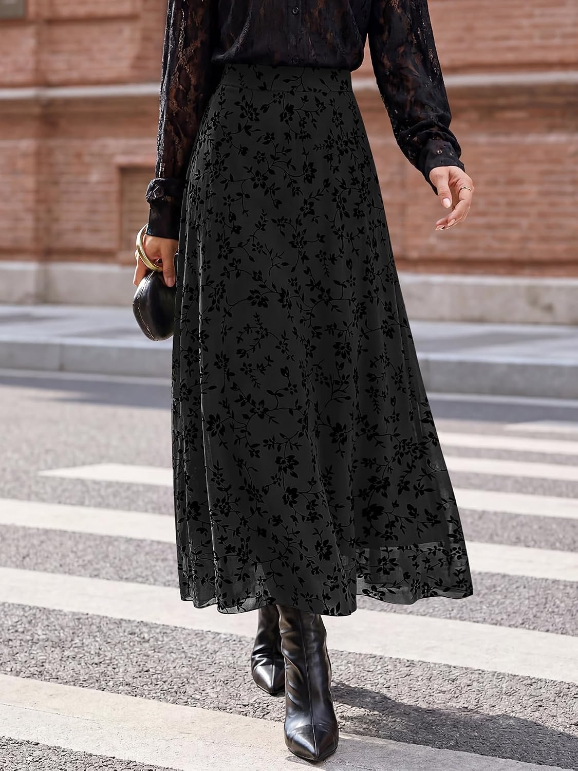 image:imageBTFBM Womens Floral Mesh Maxi Skirts Long Tulle Skirt Flowy A Line High Waist SkirtsVelvetLike FlowersFlocked MeshDoubleLayered SkirtGoing Out OutfitsEarly Fall FashionBlack