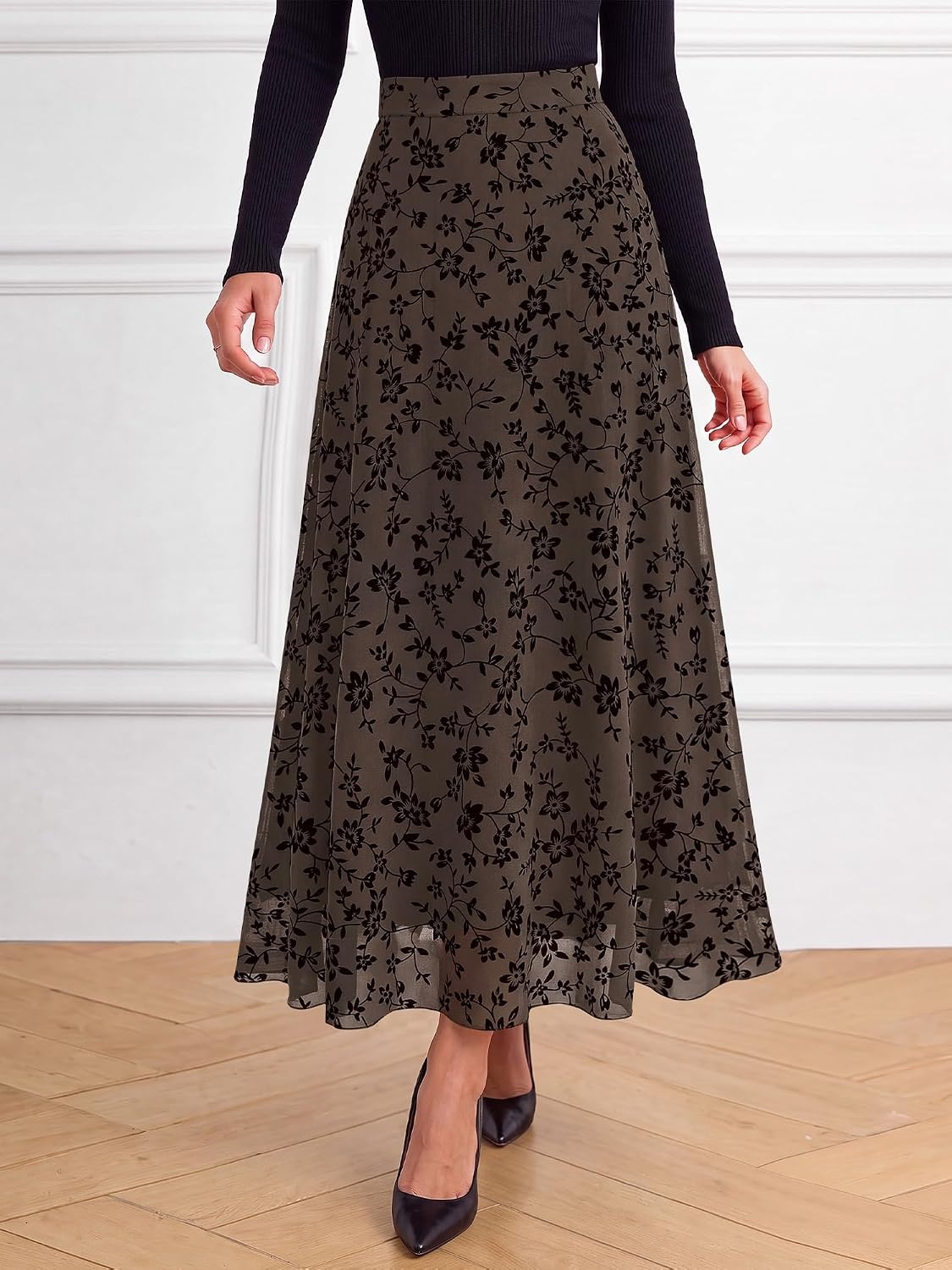 image:imageBTFBM Womens Floral Mesh Maxi Skirts Long Tulle Skirt Flowy A Line High Waist SkirtsVelvetLike FlowersFlocked MeshDoubleLayered SkirtGoing Out OutfitsEarly Fall FashionBrown