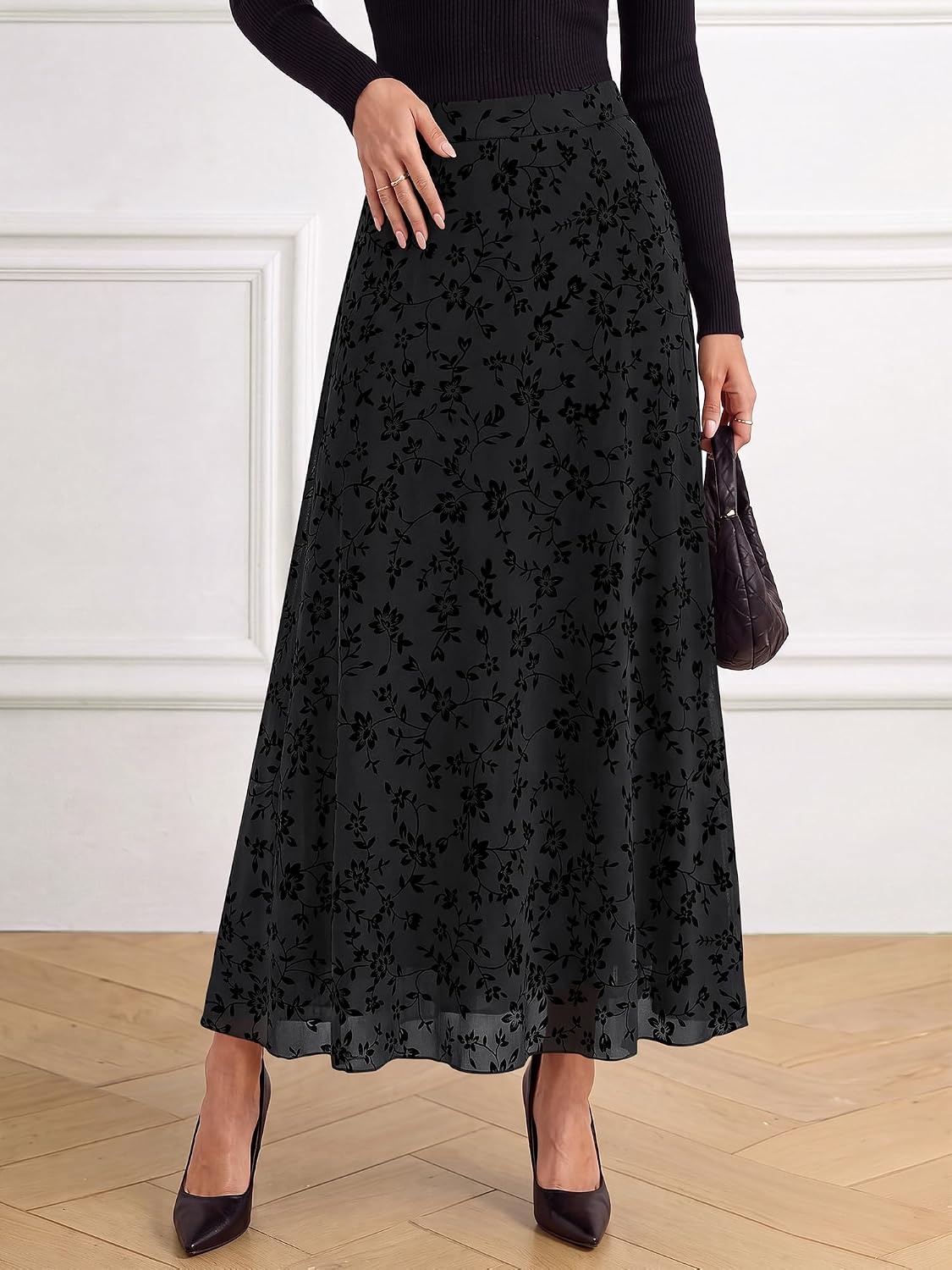 image:imageBTFBM Womens Floral Mesh Maxi Skirts Long Tulle Skirt Flowy A Line High Waist SkirtsVelvetLike FlowersFlocked MeshDoubleLayered SkirtGoing Out OutfitsEarly Fall FashionBlack