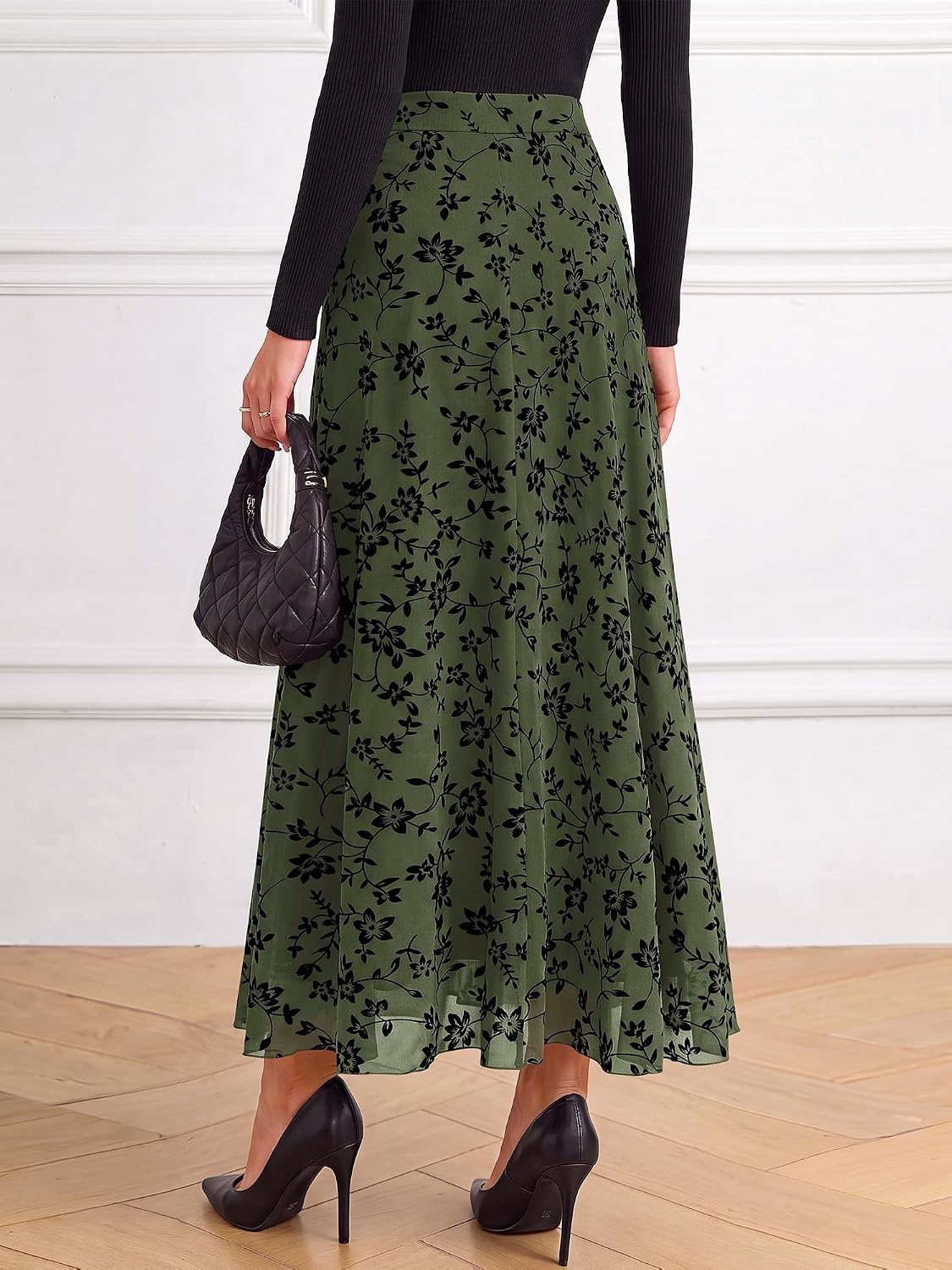 image:imageBTFBM Womens Floral Mesh Maxi Skirts Long Tulle Skirt Flowy A Line High Waist SkirtsVelvetLike FlowersFlocked MeshDoubleLayered SkirtGoing Out OutfitsEarly Fall FashionArmy Green