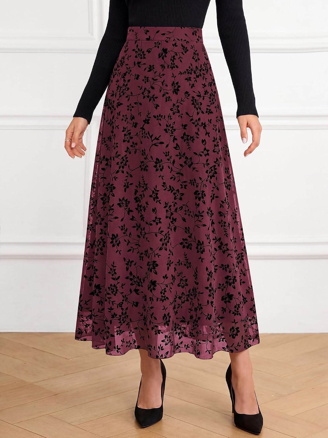 image:imageBTFBM Womens Floral Mesh Maxi Skirts Long Tulle Skirt Flowy A Line High Waist SkirtsVelvetLike FlowersFlocked MeshDoubleLayered SkirtGoing Out OutfitsEarly Fall FashionBurgundy