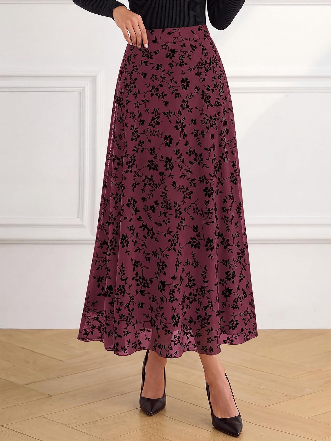 image:imageBTFBM Womens Floral Mesh Maxi Skirts Long Tulle Skirt Flowy A Line High Waist SkirtsVelvetLike FlowersFlocked MeshDoubleLayered SkirtGoing Out OutfitsEarly Fall FashionBurgundy