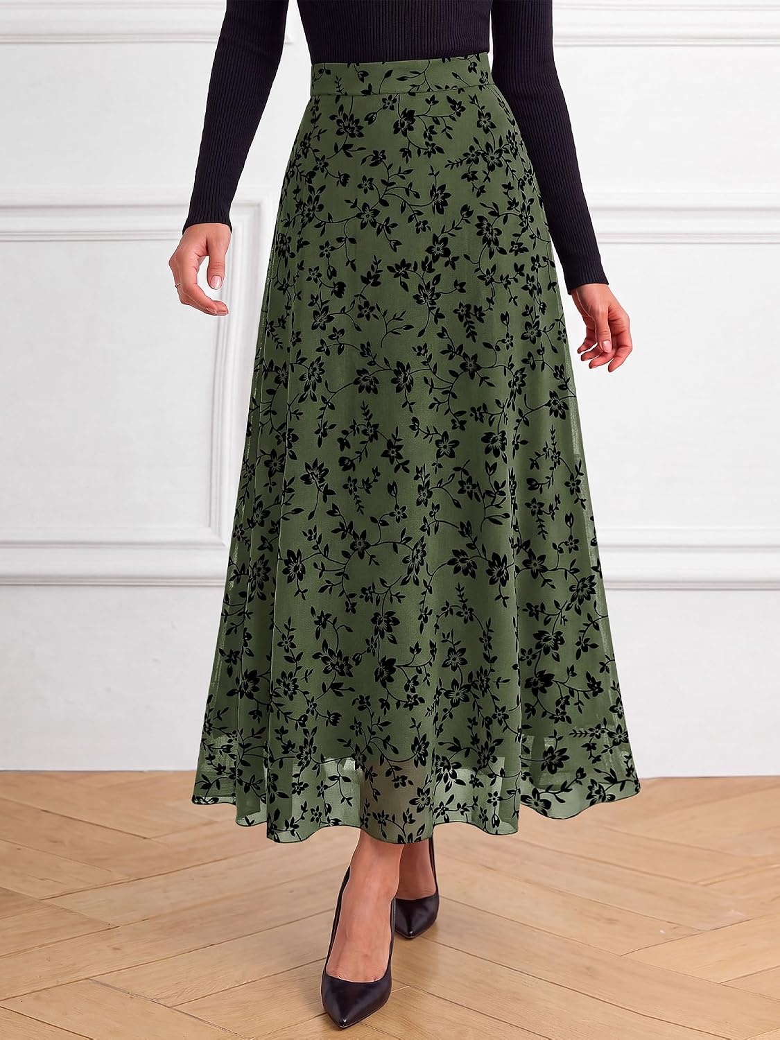 image:imageBTFBM Womens Floral Mesh Maxi Skirts Long Tulle Skirt Flowy A Line High Waist SkirtsVelvetLike FlowersFlocked MeshDoubleLayered SkirtGoing Out OutfitsEarly Fall FashionArmy Green