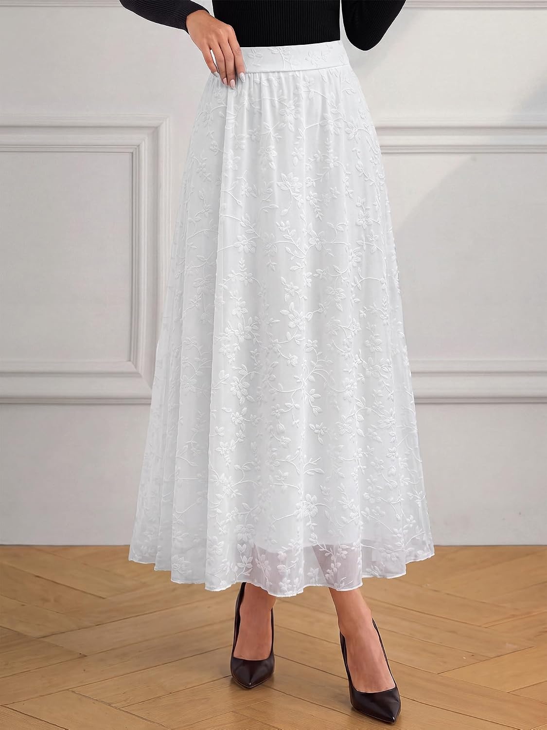 image:imageBTFBM Womens Floral Mesh Maxi Skirts Long Tulle Skirt Flowy A Line High Waist SkirtsVelvetLike FlowersFlocked MeshDoubleLayered SkirtGoing Out OutfitsEarly Fall FashionWhite