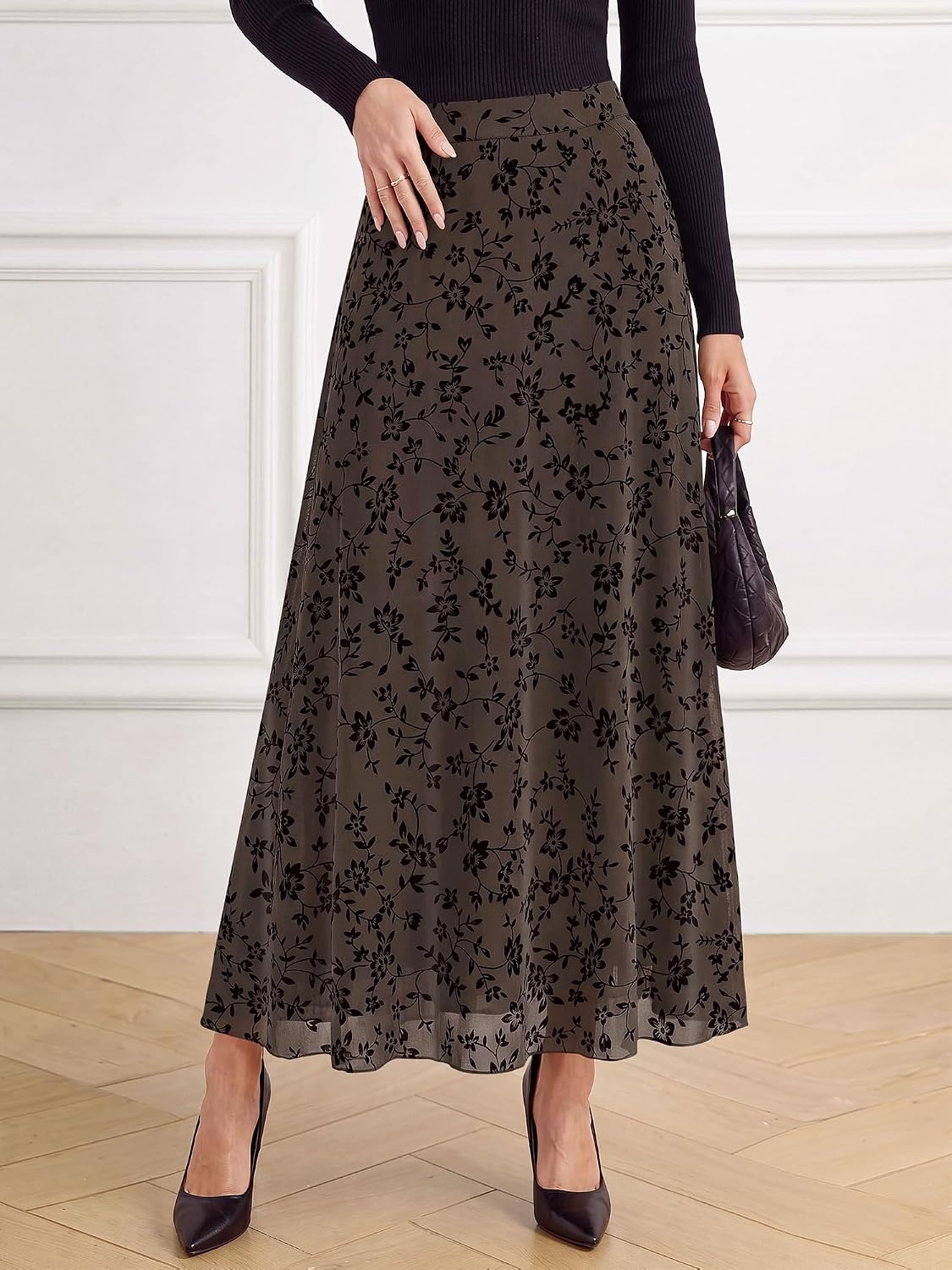 image:imageBTFBM Womens Floral Mesh Maxi Skirts Long Tulle Skirt Flowy A Line High Waist SkirtsVelvetLike FlowersFlocked MeshDoubleLayered SkirtGoing Out OutfitsEarly Fall FashionBrown