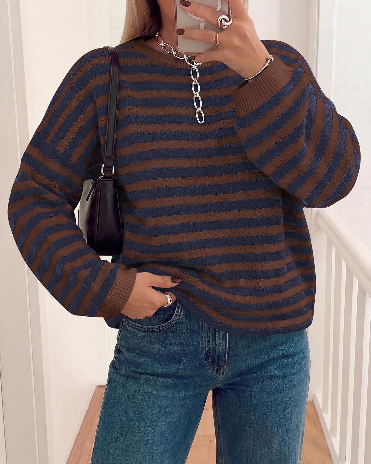 image:imageBTFBM Womens Lightweight Oversized Striped Sweater Soft Knit Cozy Sweaters Crew Neck Long Sleeve Pullover y2k Color Block Casual Holiday Outfits Winter Fall Clothes 2026Coffee Navy