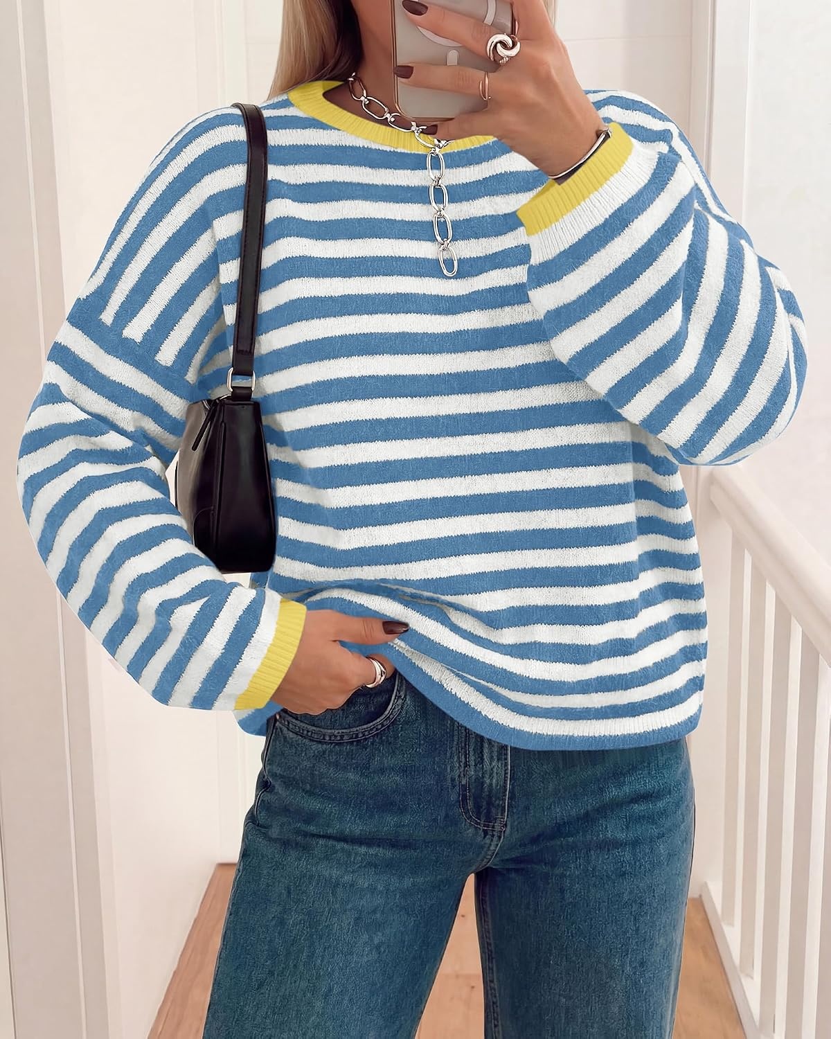 image:imageBTFBM Womens Lightweight Oversized Striped Sweater Soft Knit Cozy Sweaters Crew Neck Long Sleeve Pullover y2k Color Block Casual Holiday Outfits Winter Fall Clothes 2026Blue White