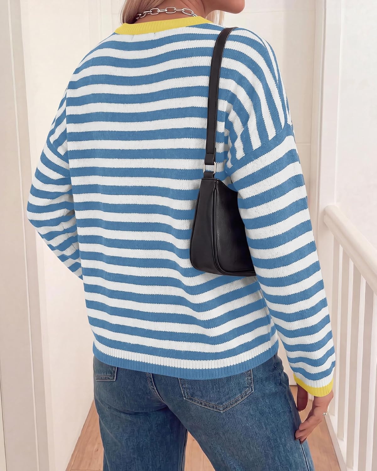 image:imageBTFBM Womens Lightweight Oversized Striped Sweater Soft Knit Cozy Sweaters Crew Neck Long Sleeve Pullover y2k Color Block Casual Holiday Outfits Winter Fall Clothes 2026Blue White