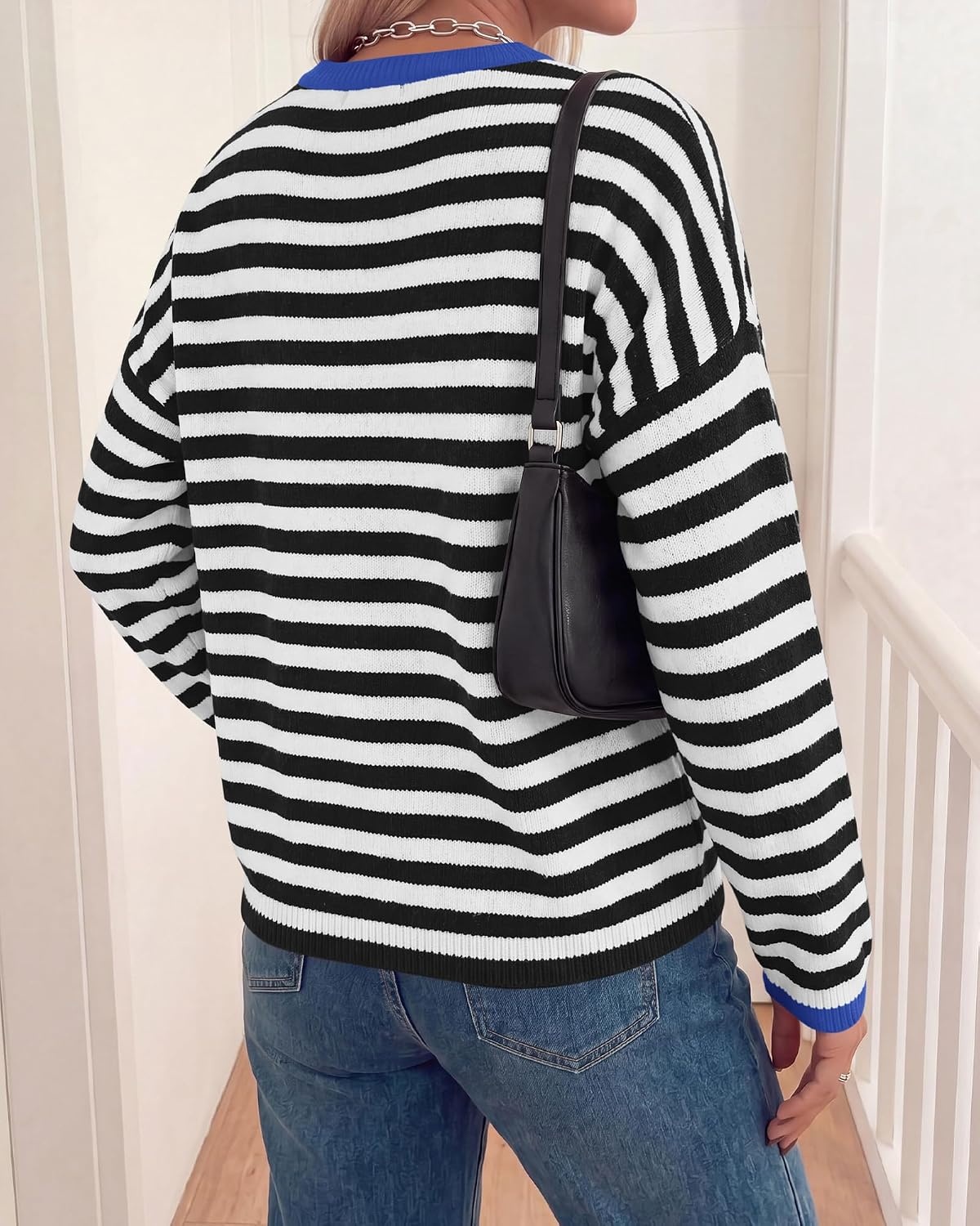 image:imageBTFBM Womens Lightweight Oversized Striped Sweater Soft Knit Cozy Sweaters Crew Neck Long Sleeve Pullover y2k Color Block Casual Holiday Outfits Winter Fall Clothes 2026Black White