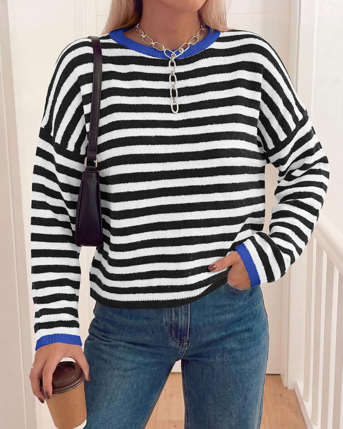image:imageBTFBM Womens Lightweight Oversized Striped Sweater Soft Knit Cozy Sweaters Crew Neck Long Sleeve Pullover y2k Color Block Casual Holiday Outfits Winter Fall Clothes 2026Black White