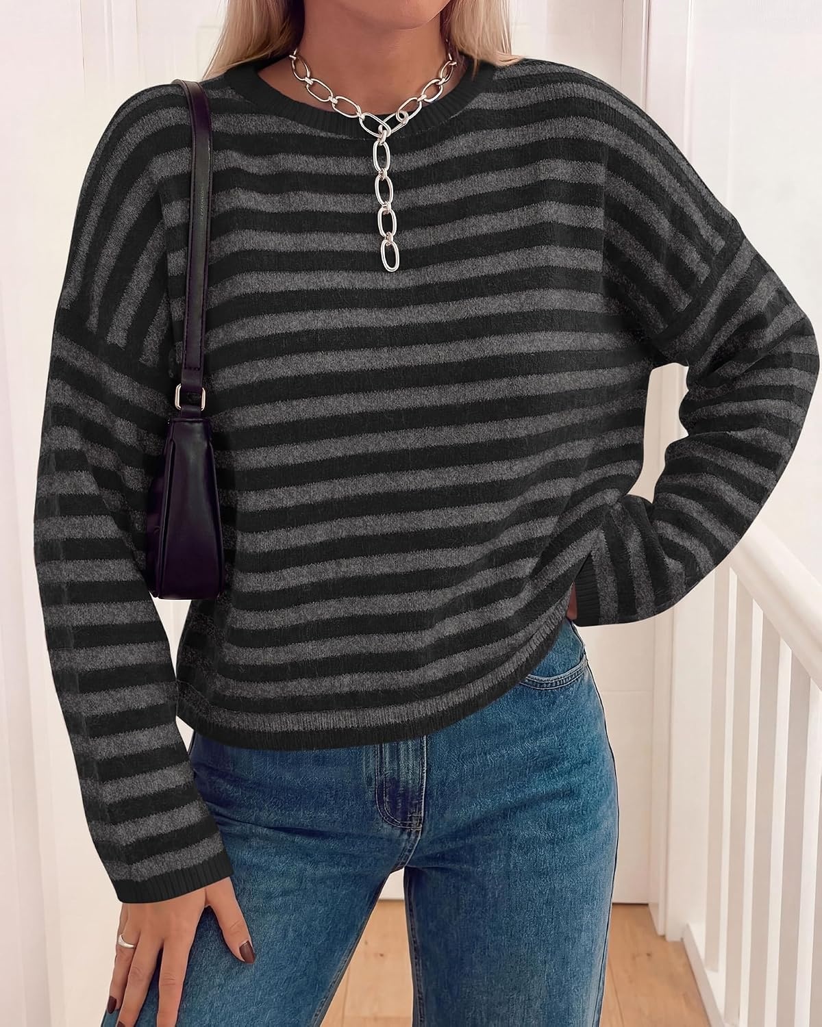 image:imageBTFBM Womens Lightweight Oversized Striped Sweater Soft Knit Cozy Sweaters Crew Neck Long Sleeve Pullover y2k Color Block Casual Holiday Outfits Winter Fall Clothes 2026Black Grey