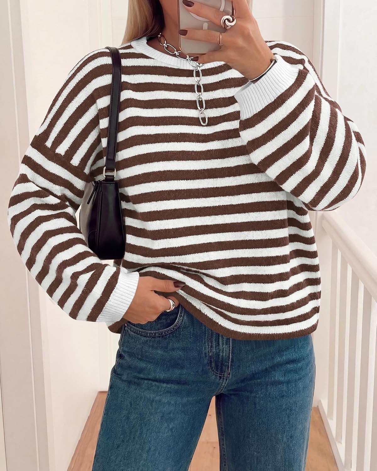 image:imageBTFBM Womens Lightweight Oversized Striped Sweater Soft Knit Cozy Sweaters Crew Neck Long Sleeve Pullover y2k Color Block Casual Holiday Outfits Winter Fall Clothes 2026Brown White