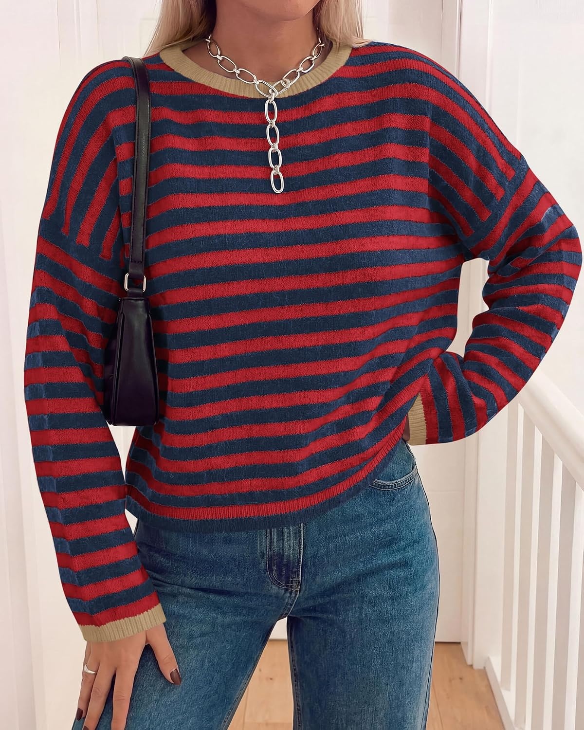 image:imageBTFBM Womens Lightweight Oversized Striped Sweater Soft Knit Cozy Sweaters Crew Neck Long Sleeve Pullover y2k Color Block Casual Holiday Outfits Winter Fall Clothes 2026Navy Red