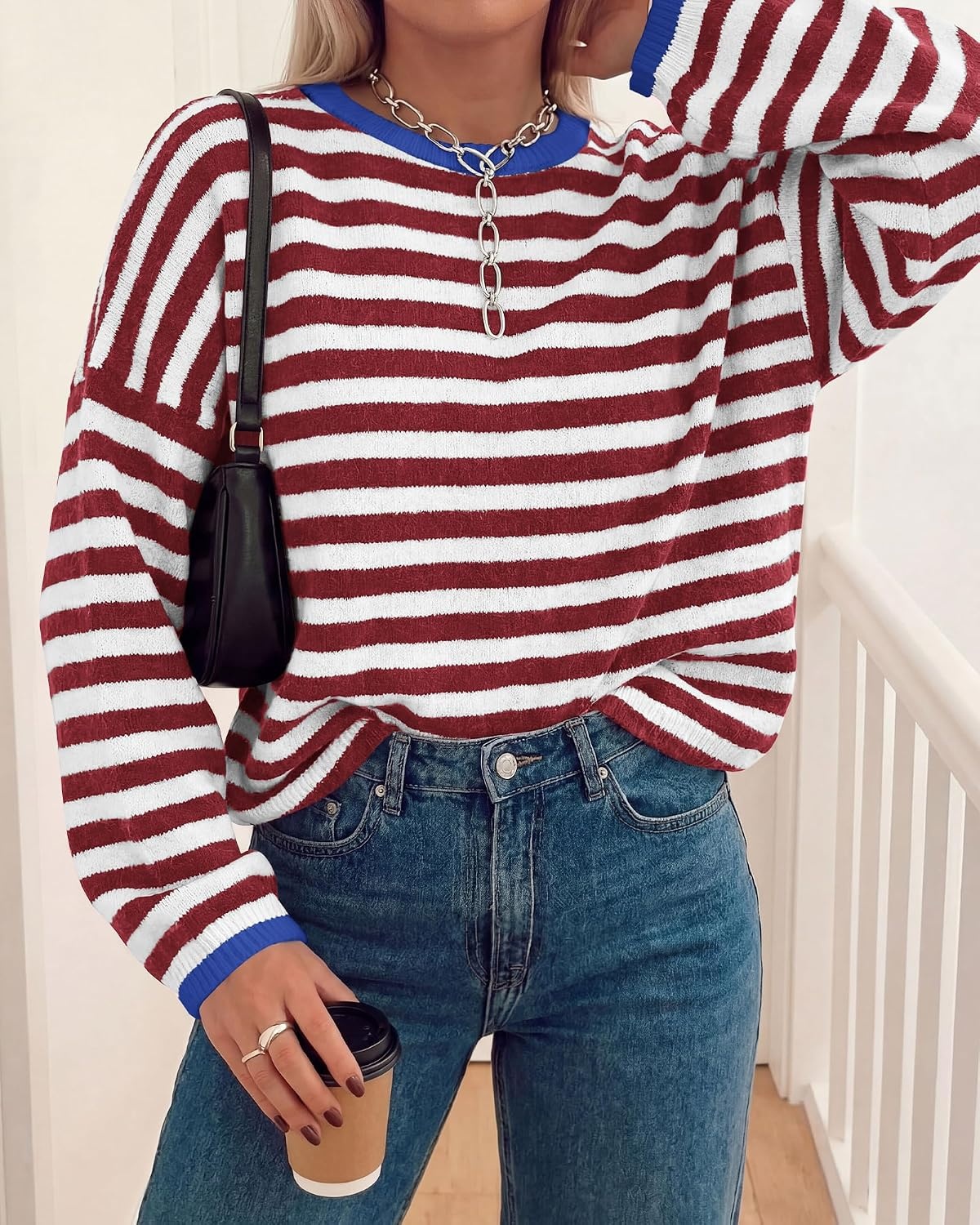 image:imageBTFBM Womens Lightweight Oversized Striped Sweater Soft Knit Cozy Sweaters Crew Neck Long Sleeve Pullover y2k Color Block Casual Holiday Outfits Winter Fall Clothes 2026Burgundy White