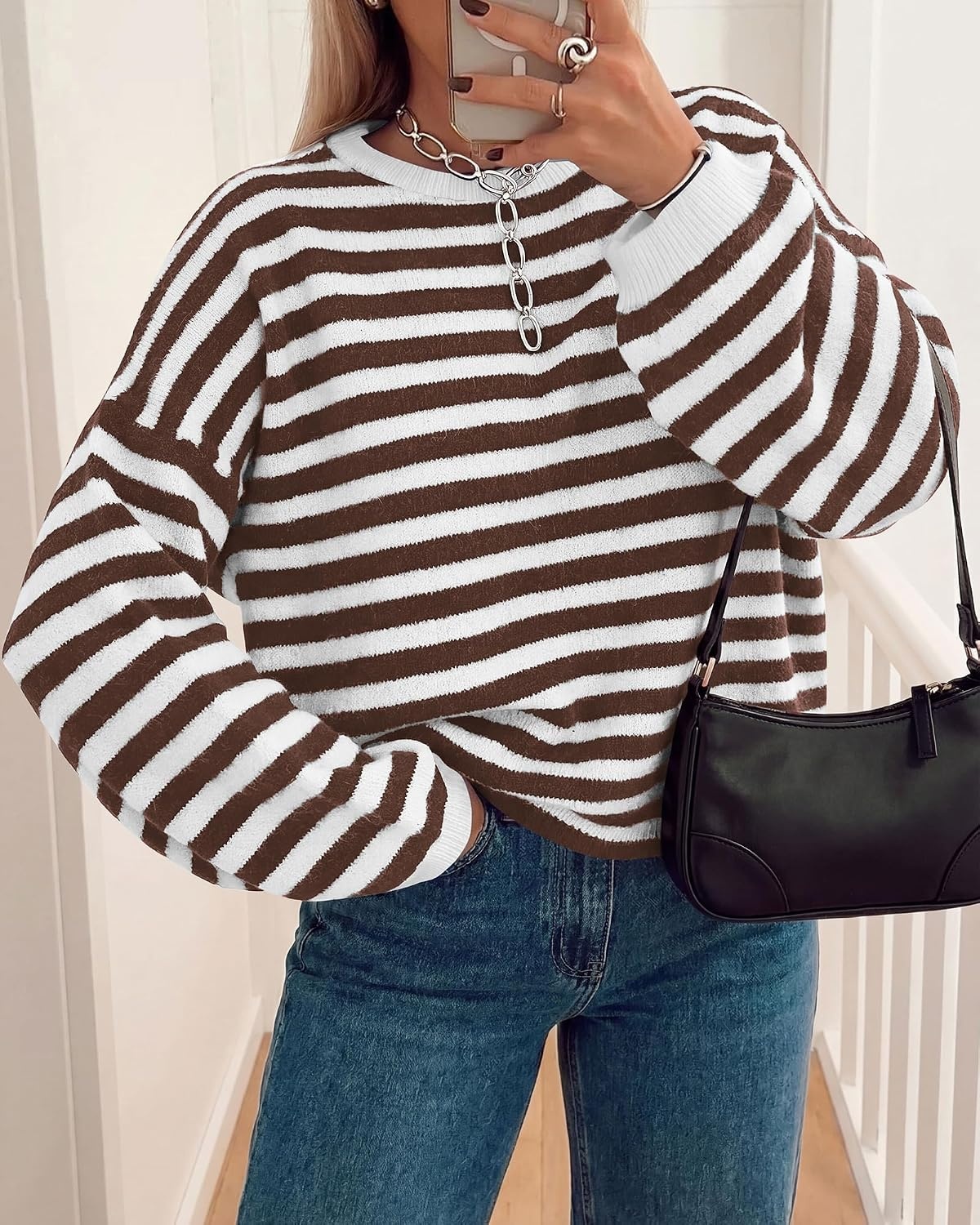 image:imageBTFBM Womens Lightweight Oversized Striped Sweater Soft Knit Cozy Sweaters Crew Neck Long Sleeve Pullover y2k Color Block Casual Holiday Outfits Winter Fall Clothes 2026Brown White