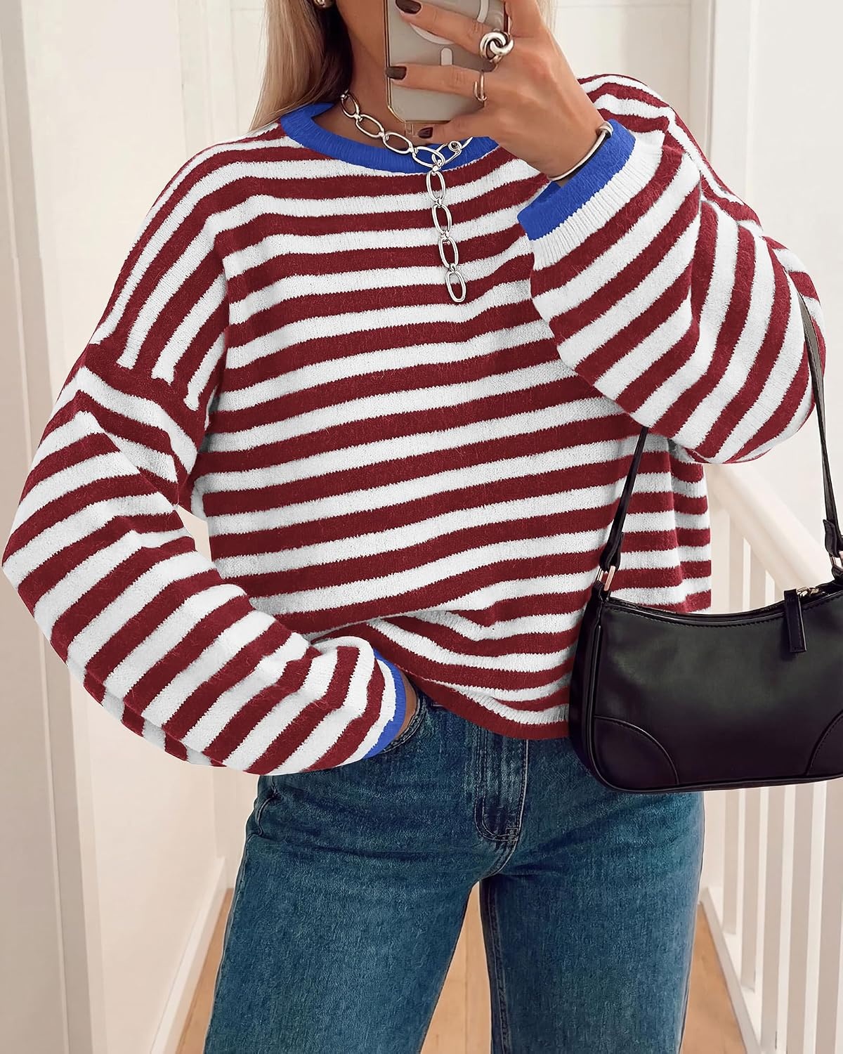 image:imageBTFBM Womens Lightweight Oversized Striped Sweater Soft Knit Cozy Sweaters Crew Neck Long Sleeve Pullover y2k Color Block Casual Holiday Outfits Winter Fall Clothes 2026Burgundy White