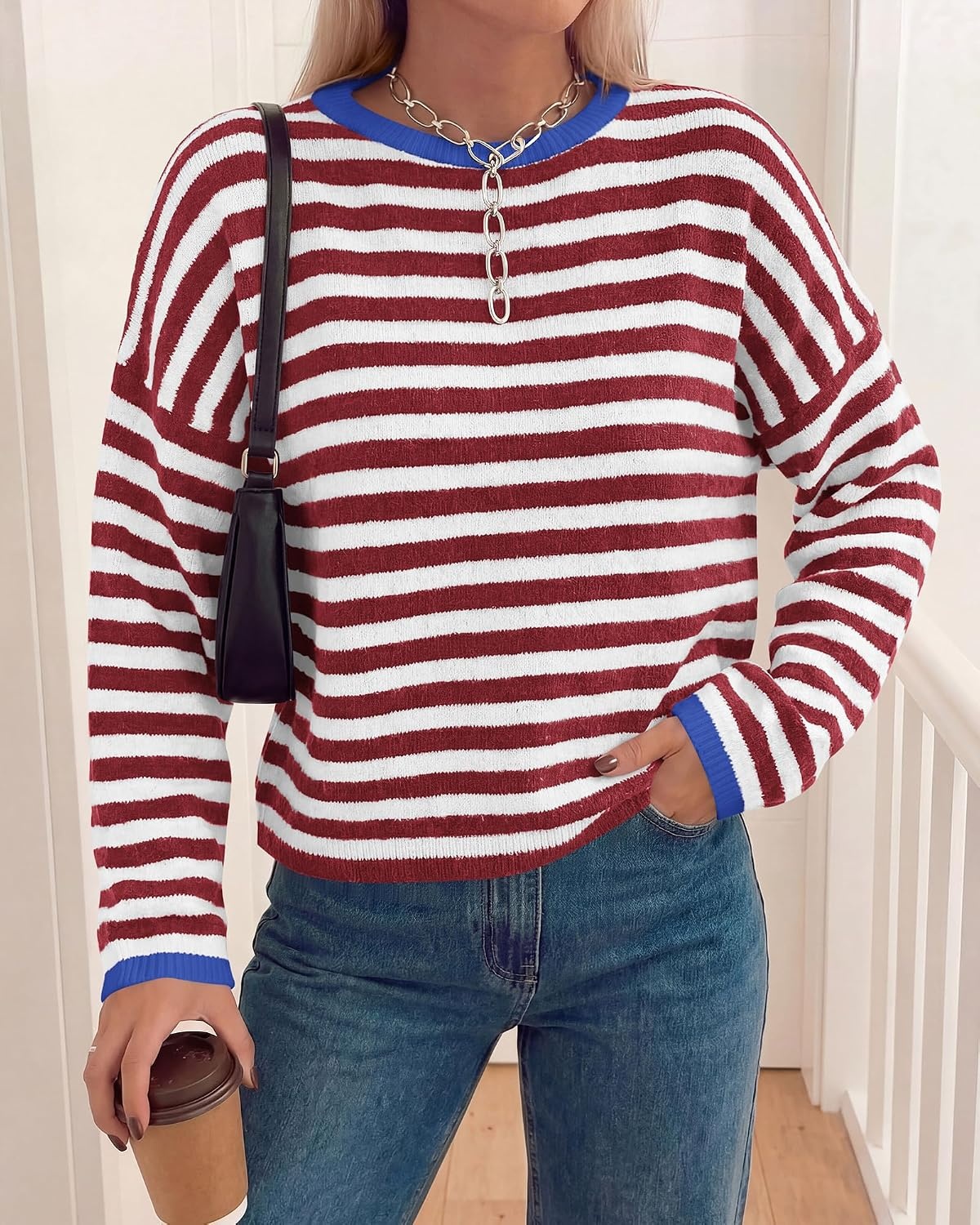 image:imageBTFBM Womens Lightweight Oversized Striped Sweater Soft Knit Cozy Sweaters Crew Neck Long Sleeve Pullover y2k Color Block Casual Holiday Outfits Winter Fall Clothes 2026Burgundy White
