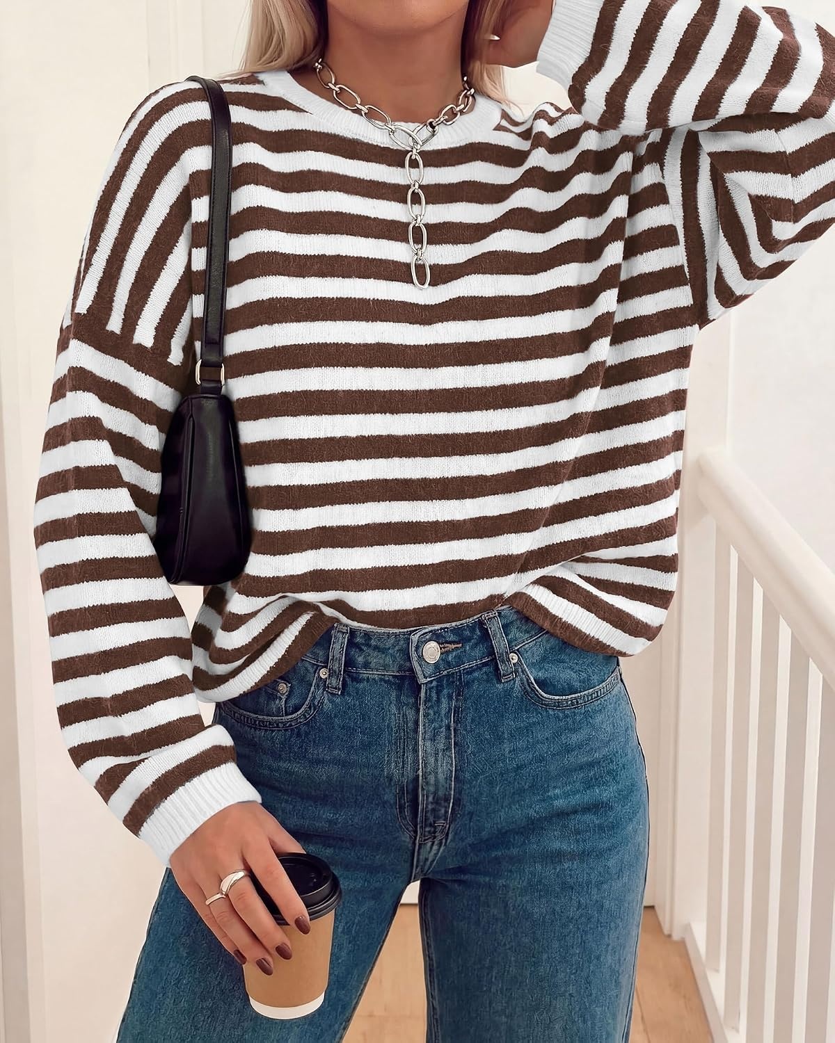 image:imageBTFBM Womens Lightweight Oversized Striped Sweater Soft Knit Cozy Sweaters Crew Neck Long Sleeve Pullover y2k Color Block Casual Holiday Outfits Winter Fall Clothes 2026Brown White