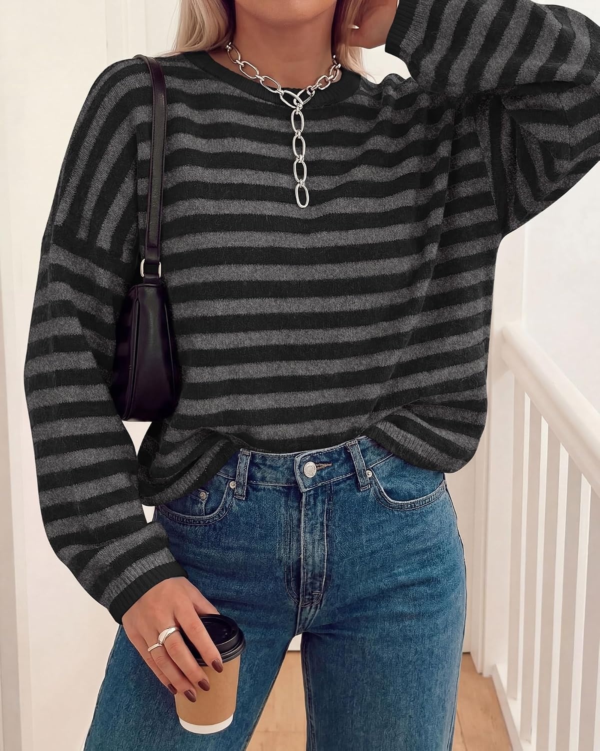 image:imageBTFBM Womens Lightweight Oversized Striped Sweater Soft Knit Cozy Sweaters Crew Neck Long Sleeve Pullover y2k Color Block Casual Holiday Outfits Winter Fall Clothes 2026Black Grey