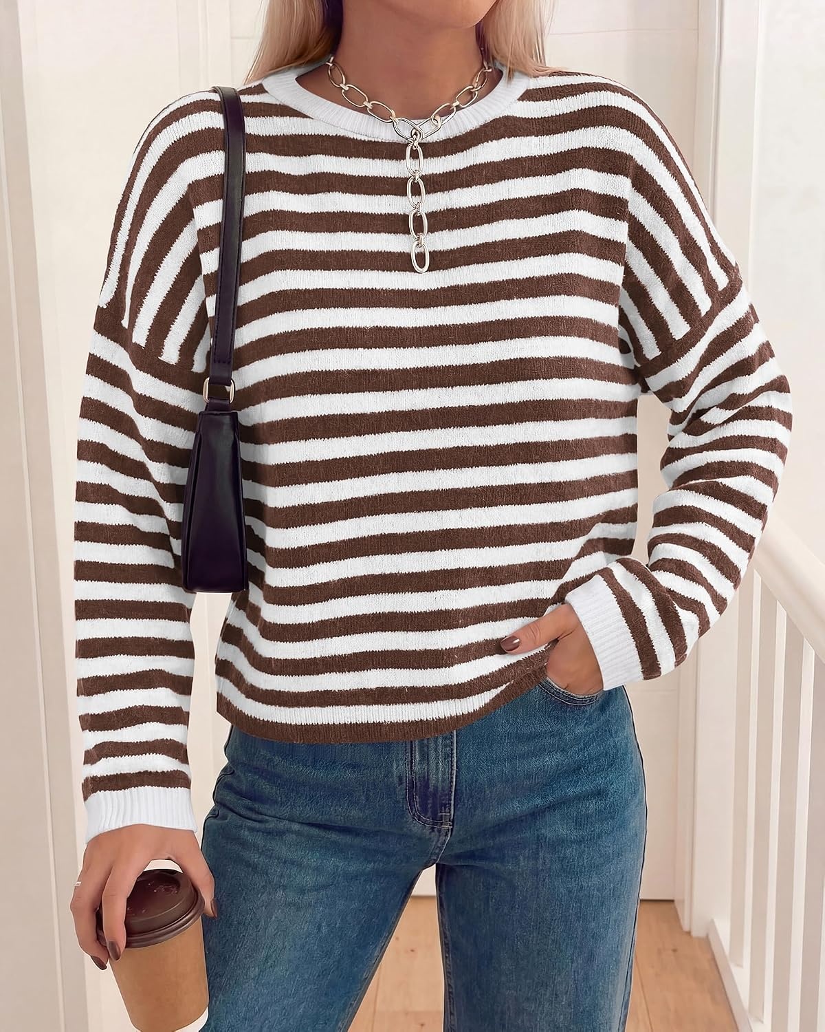 image:imageBTFBM Womens Lightweight Oversized Striped Sweater Soft Knit Cozy Sweaters Crew Neck Long Sleeve Pullover y2k Color Block Casual Holiday Outfits Winter Fall Clothes 2026Brown White