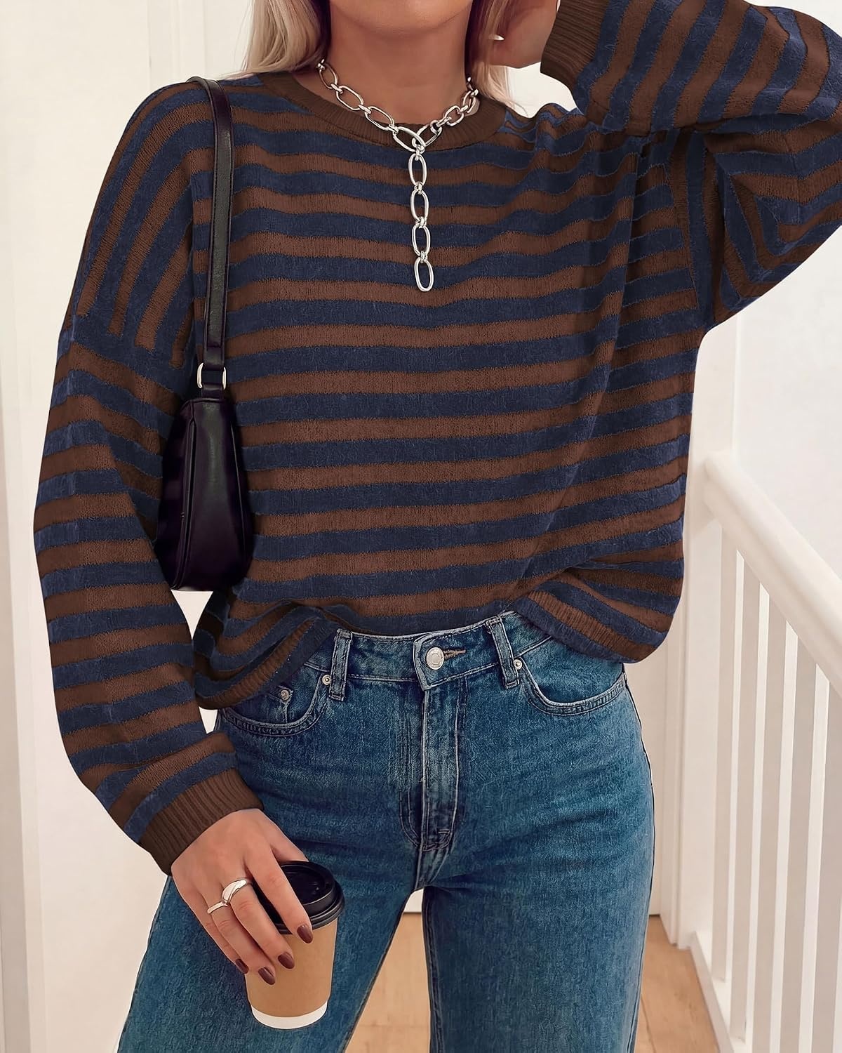 image:imageBTFBM Womens Lightweight Oversized Striped Sweater Soft Knit Cozy Sweaters Crew Neck Long Sleeve Pullover y2k Color Block Casual Holiday Outfits Winter Fall Clothes 2026Coffee Navy