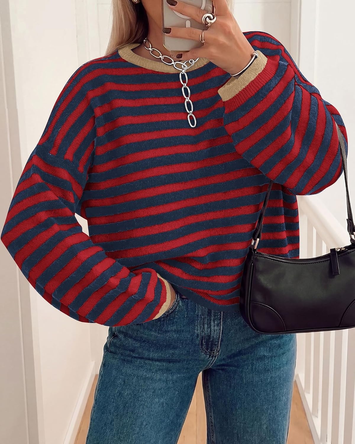 image:imageBTFBM Womens Lightweight Oversized Striped Sweater Soft Knit Cozy Sweaters Crew Neck Long Sleeve Pullover y2k Color Block Casual Holiday Outfits Winter Fall Clothes 2026Navy Red