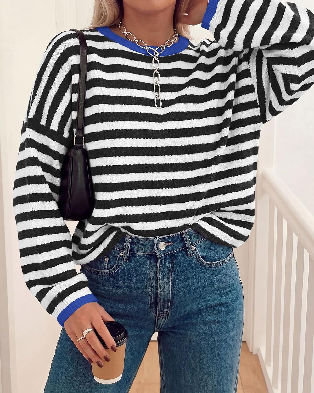 image:imageBTFBM Womens Lightweight Oversized Striped Sweater Soft Knit Cozy Sweaters Crew Neck Long Sleeve Pullover y2k Color Block Casual Holiday Outfits Winter Fall Clothes 2026Black White