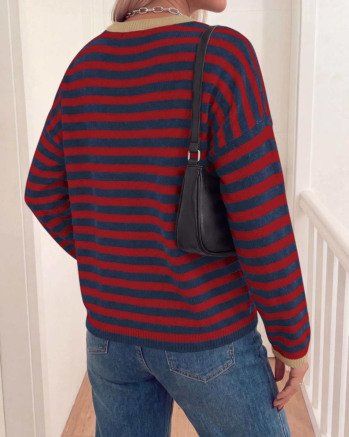image:imageBTFBM Womens Lightweight Oversized Striped Sweater Soft Knit Cozy Sweaters Crew Neck Long Sleeve Pullover y2k Color Block Casual Holiday Outfits Winter Fall Clothes 2026Navy Red
