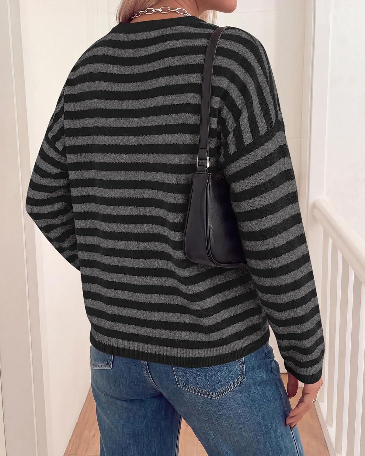 image:imageBTFBM Womens Lightweight Oversized Striped Sweater Soft Knit Cozy Sweaters Crew Neck Long Sleeve Pullover y2k Color Block Casual Holiday Outfits Winter Fall Clothes 2026Black Grey