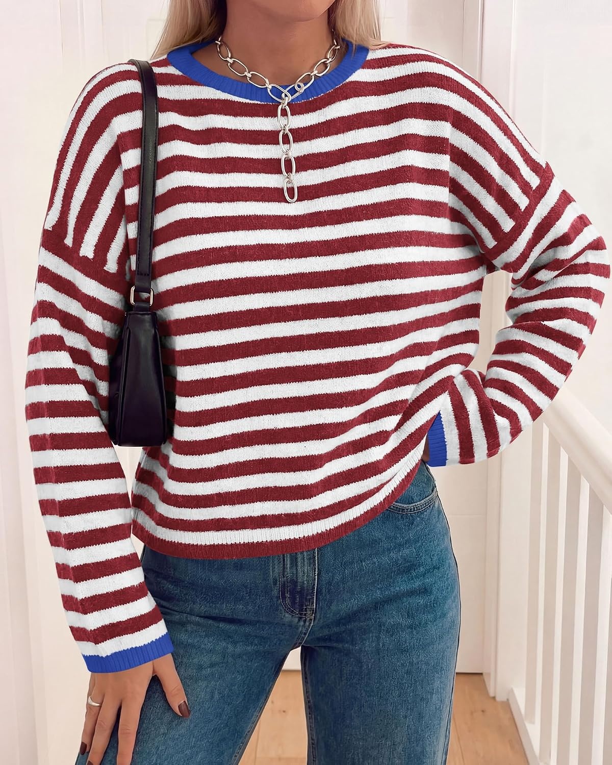 image:imageBTFBM Womens Lightweight Oversized Striped Sweater Soft Knit Cozy Sweaters Crew Neck Long Sleeve Pullover y2k Color Block Casual Holiday Outfits Winter Fall Clothes 2026Burgundy White