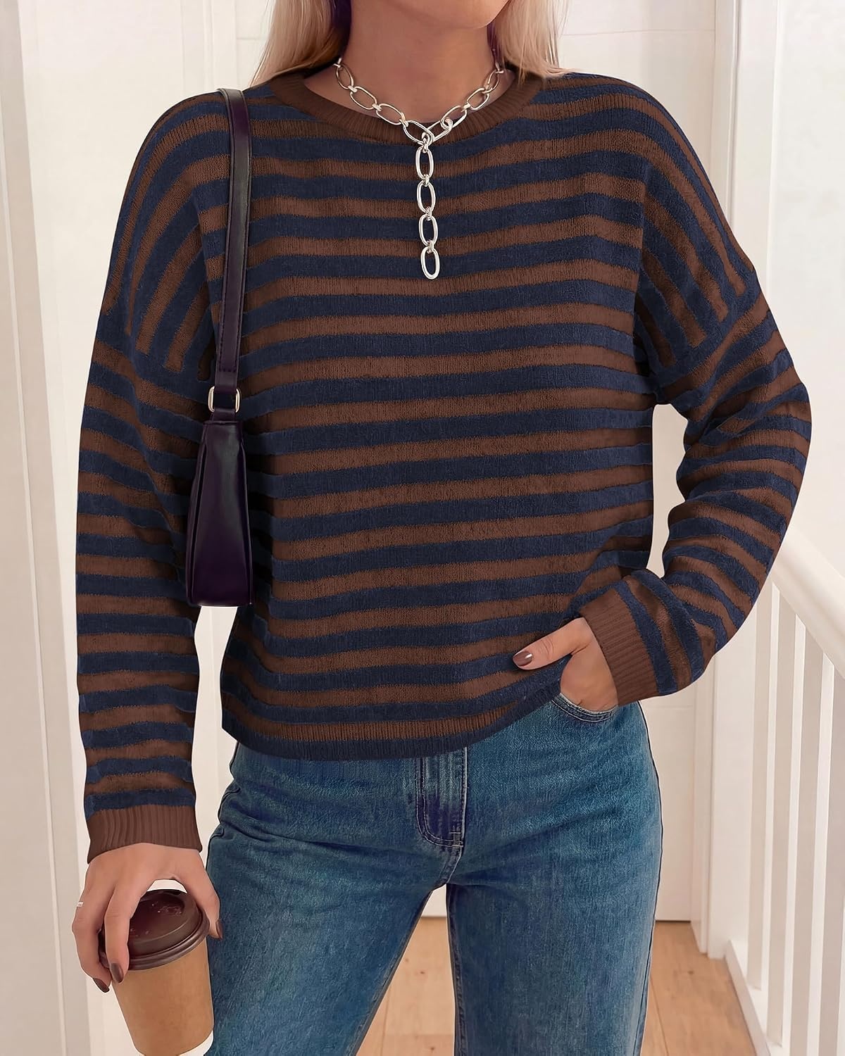 image:imageBTFBM Womens Lightweight Oversized Striped Sweater Soft Knit Cozy Sweaters Crew Neck Long Sleeve Pullover y2k Color Block Casual Holiday Outfits Winter Fall Clothes 2026Coffee Navy