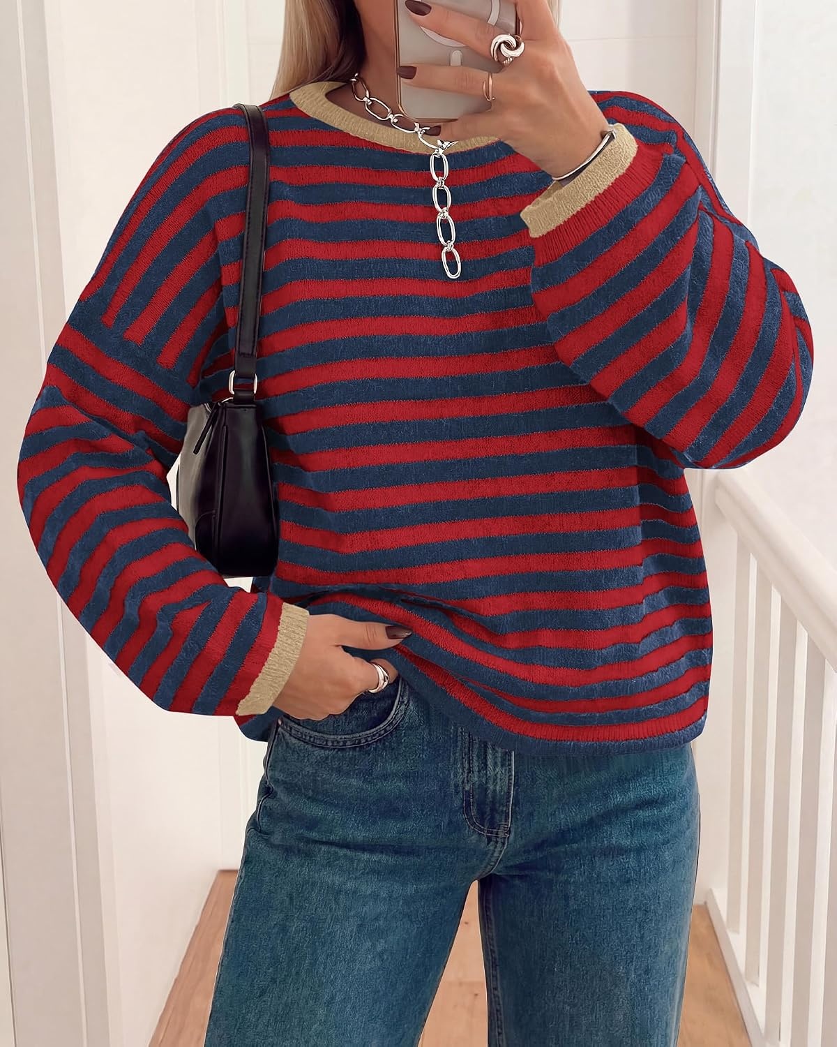 image:imageBTFBM Womens Lightweight Oversized Striped Sweater Soft Knit Cozy Sweaters Crew Neck Long Sleeve Pullover y2k Color Block Casual Holiday Outfits Winter Fall Clothes 2026Navy Red