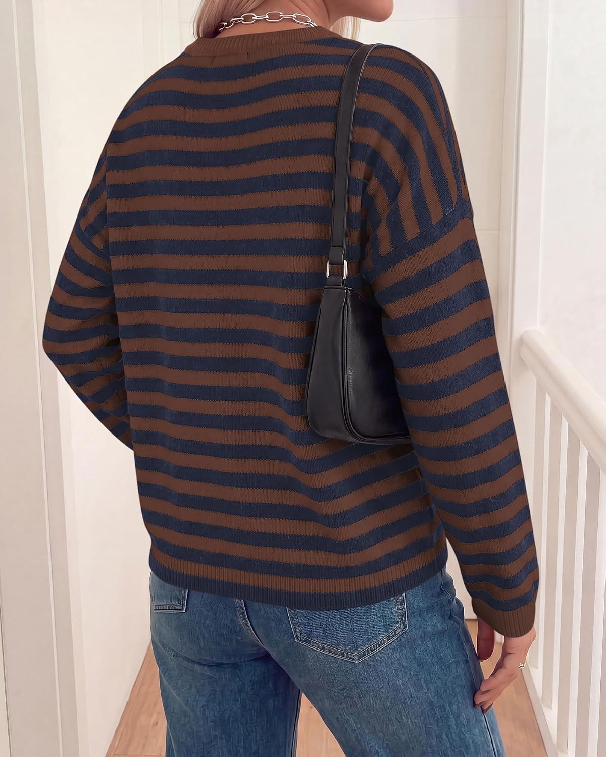 image:imageBTFBM Womens Lightweight Oversized Striped Sweater Soft Knit Cozy Sweaters Crew Neck Long Sleeve Pullover y2k Color Block Casual Holiday Outfits Winter Fall Clothes 2026Coffee Navy