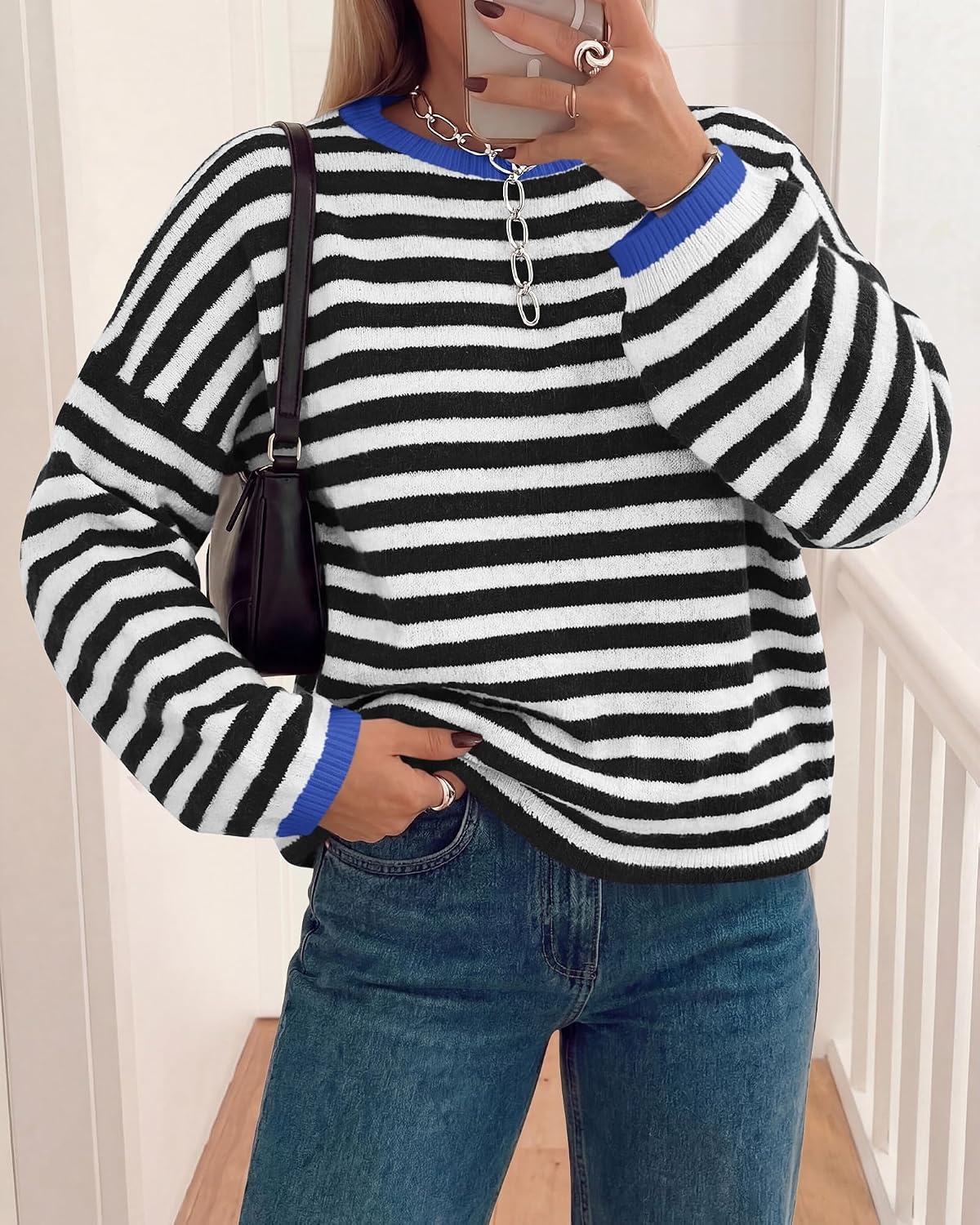 image:imageBTFBM Womens Lightweight Oversized Striped Sweater Soft Knit Cozy Sweaters Crew Neck Long Sleeve Pullover y2k Color Block Casual Holiday Outfits Winter Fall Clothes 2026Black White