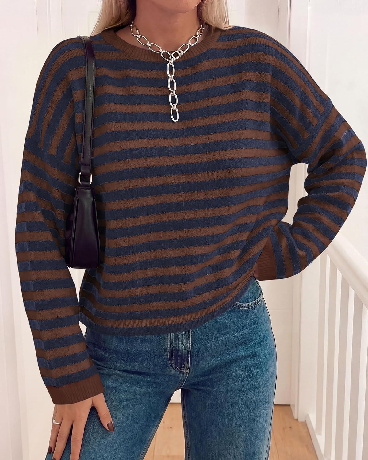image:imageBTFBM Womens Lightweight Oversized Striped Sweater Soft Knit Cozy Sweaters Crew Neck Long Sleeve Pullover y2k Color Block Casual Holiday Outfits Winter Fall Clothes 2026Coffee Navy