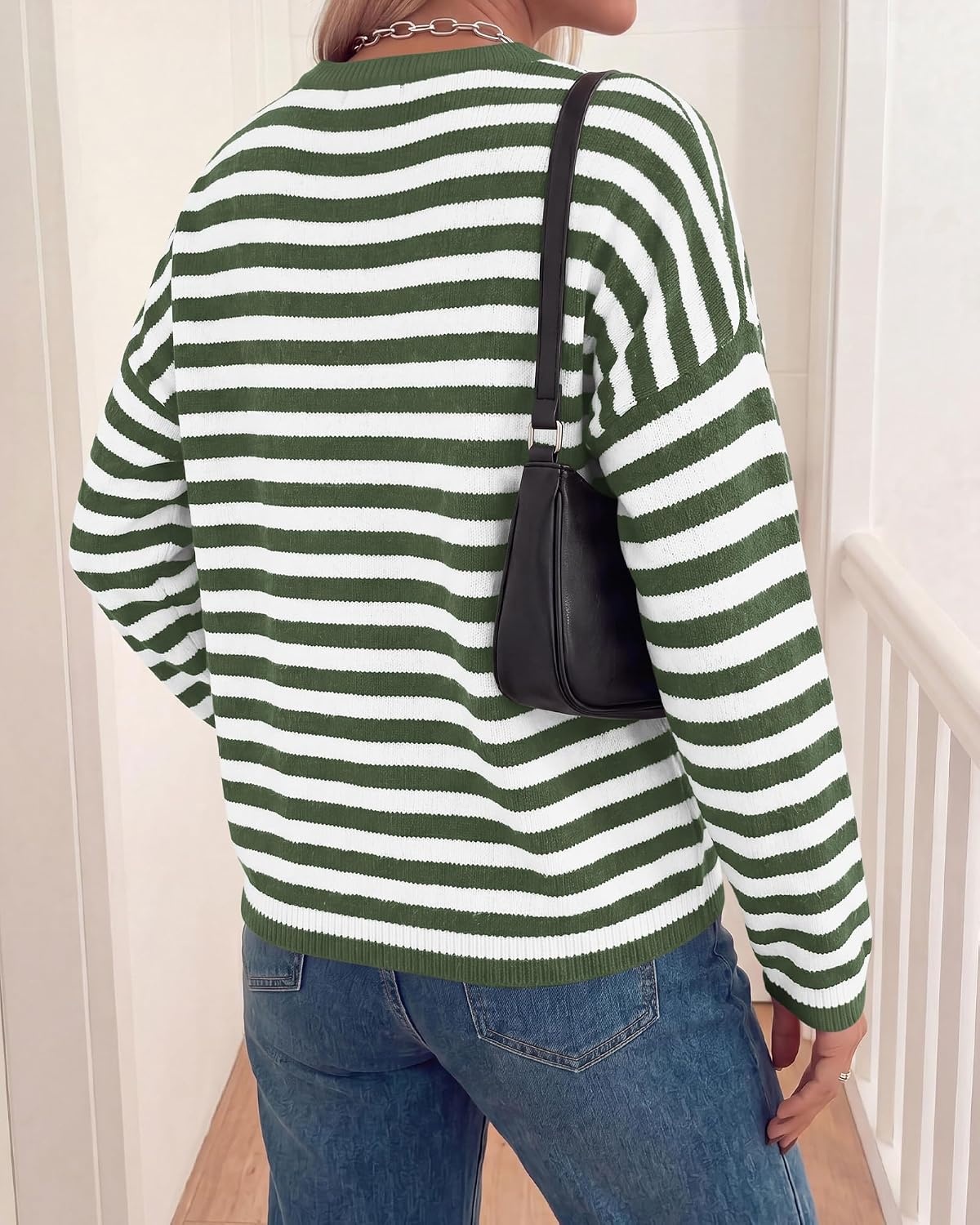 image:imageBTFBM Womens Lightweight Oversized Striped Sweater Soft Knit Cozy Sweaters Crew Neck Long Sleeve Pullover y2k Color Block Casual Holiday Outfits Winter Fall Clothes 2026Green White