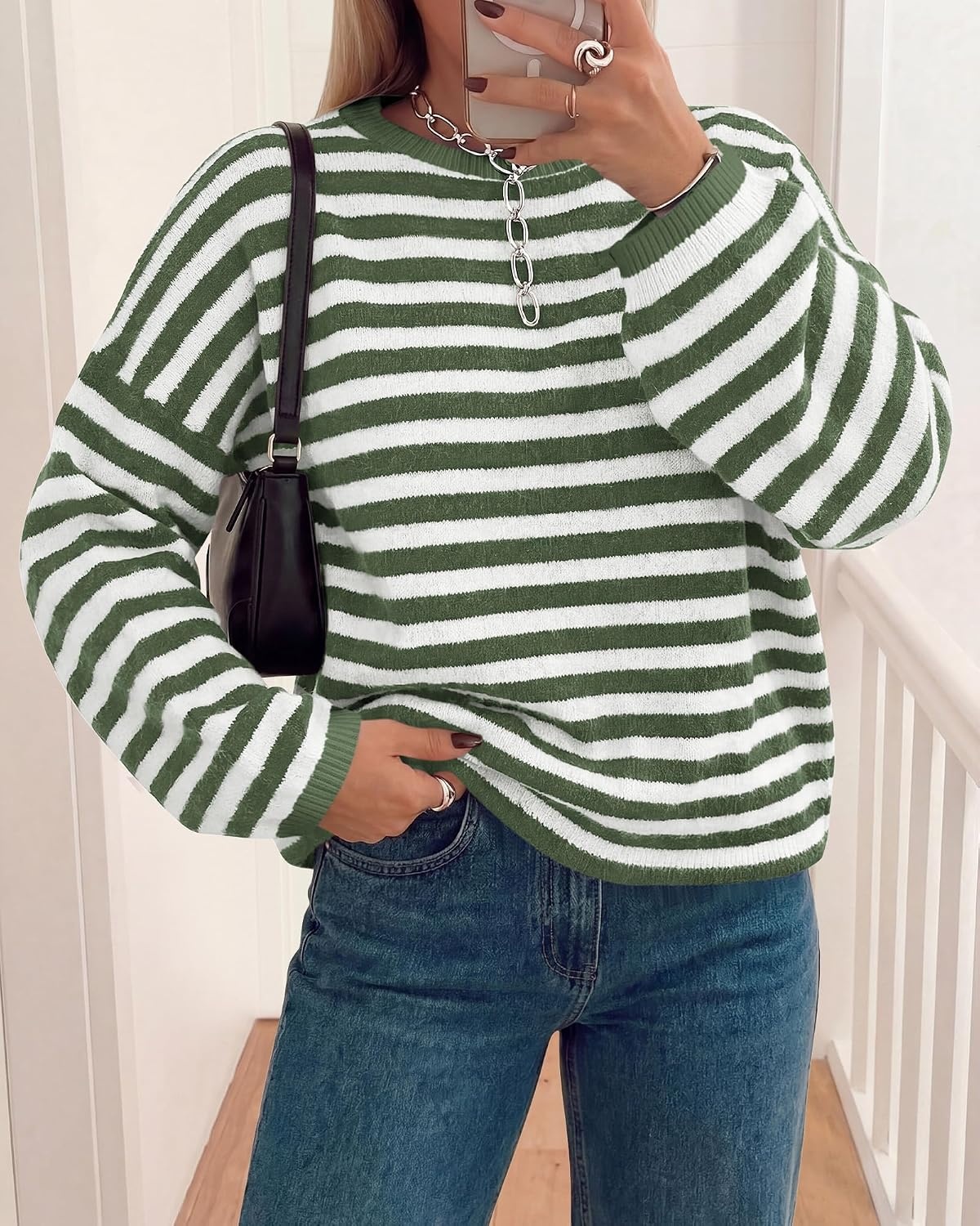 image:imageBTFBM Womens Lightweight Oversized Striped Sweater Soft Knit Cozy Sweaters Crew Neck Long Sleeve Pullover y2k Color Block Casual Holiday Outfits Winter Fall Clothes 2026Green White