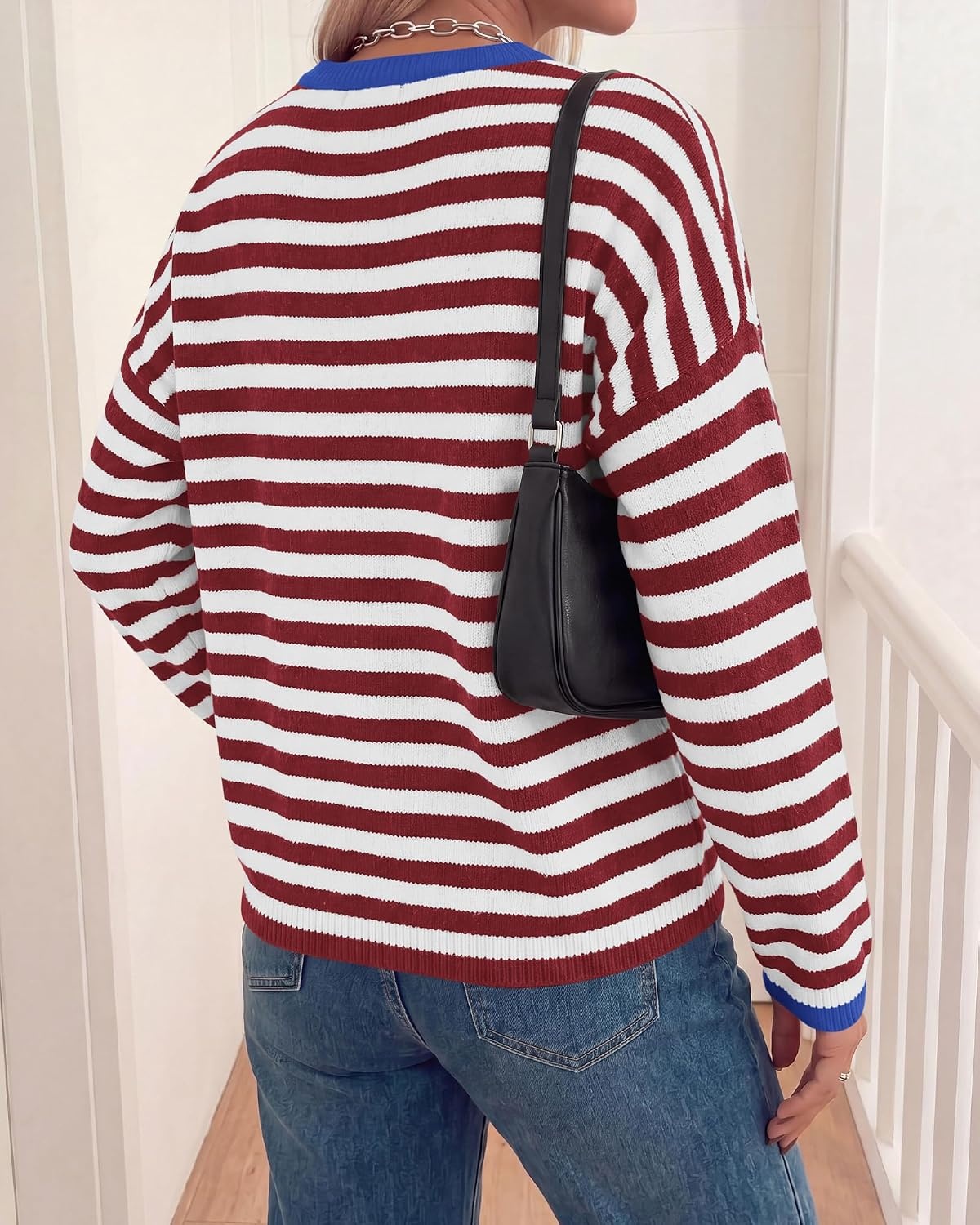 image:imageBTFBM Womens Lightweight Oversized Striped Sweater Soft Knit Cozy Sweaters Crew Neck Long Sleeve Pullover y2k Color Block Casual Holiday Outfits Winter Fall Clothes 2026Burgundy White