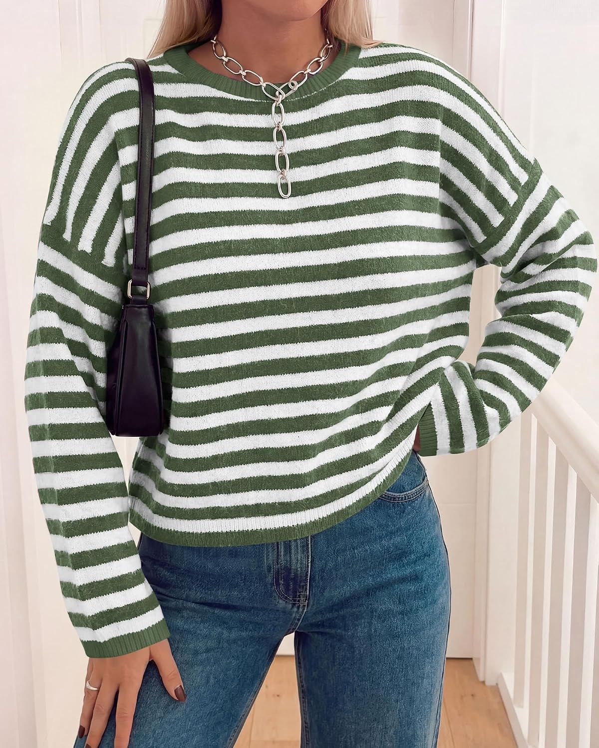 image:imageBTFBM Womens Lightweight Oversized Striped Sweater Soft Knit Cozy Sweaters Crew Neck Long Sleeve Pullover y2k Color Block Casual Holiday Outfits Winter Fall Clothes 2026Green White