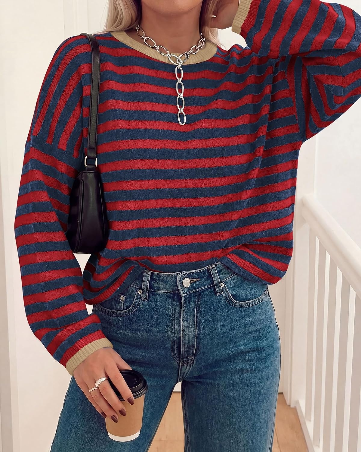 image:imageBTFBM Womens Lightweight Oversized Striped Sweater Soft Knit Cozy Sweaters Crew Neck Long Sleeve Pullover y2k Color Block Casual Holiday Outfits Winter Fall Clothes 2026Navy Red
